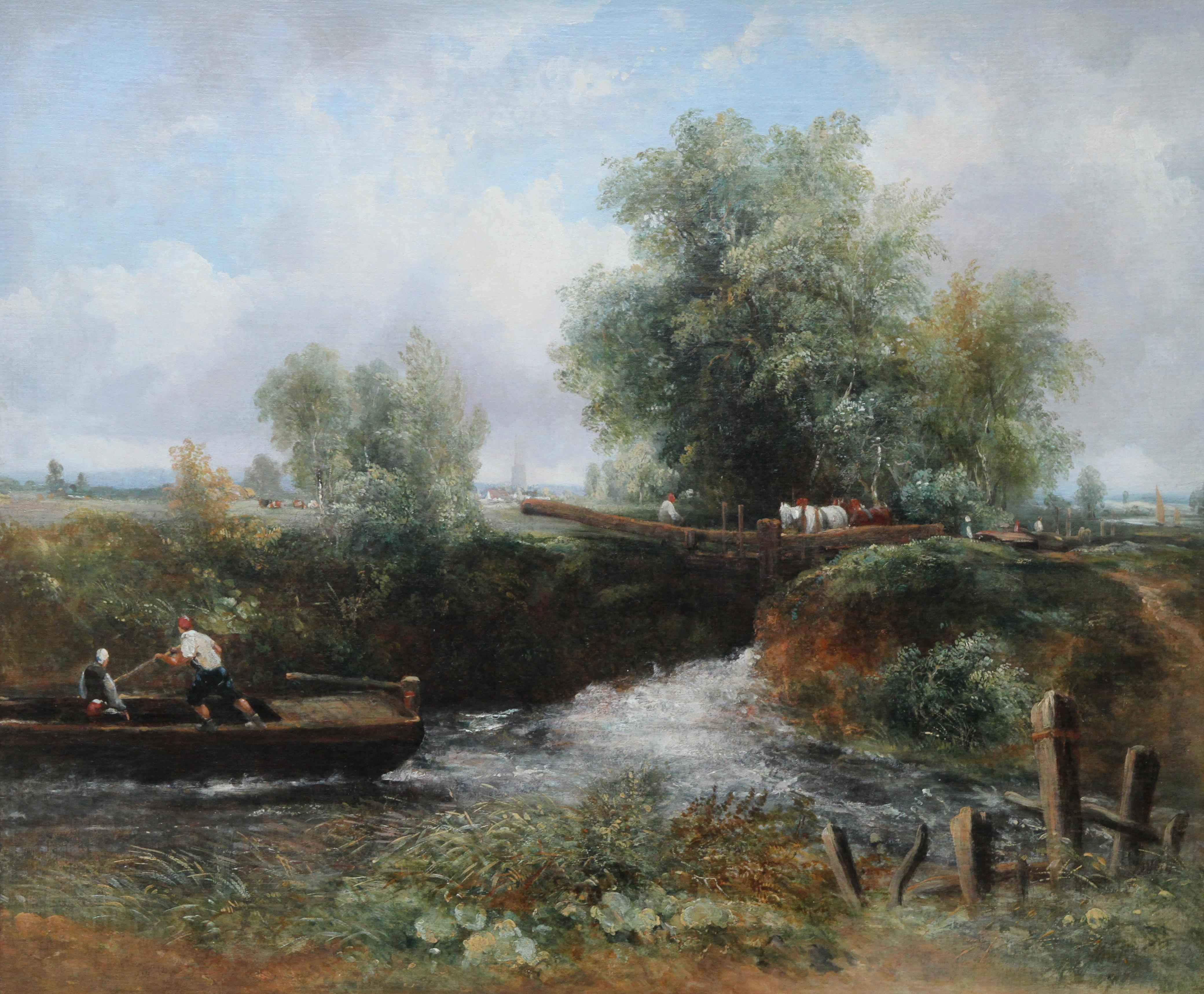 Lock on the Stour - British 19th century art river landscape oil painting - Painting by Frederick Waters Watts