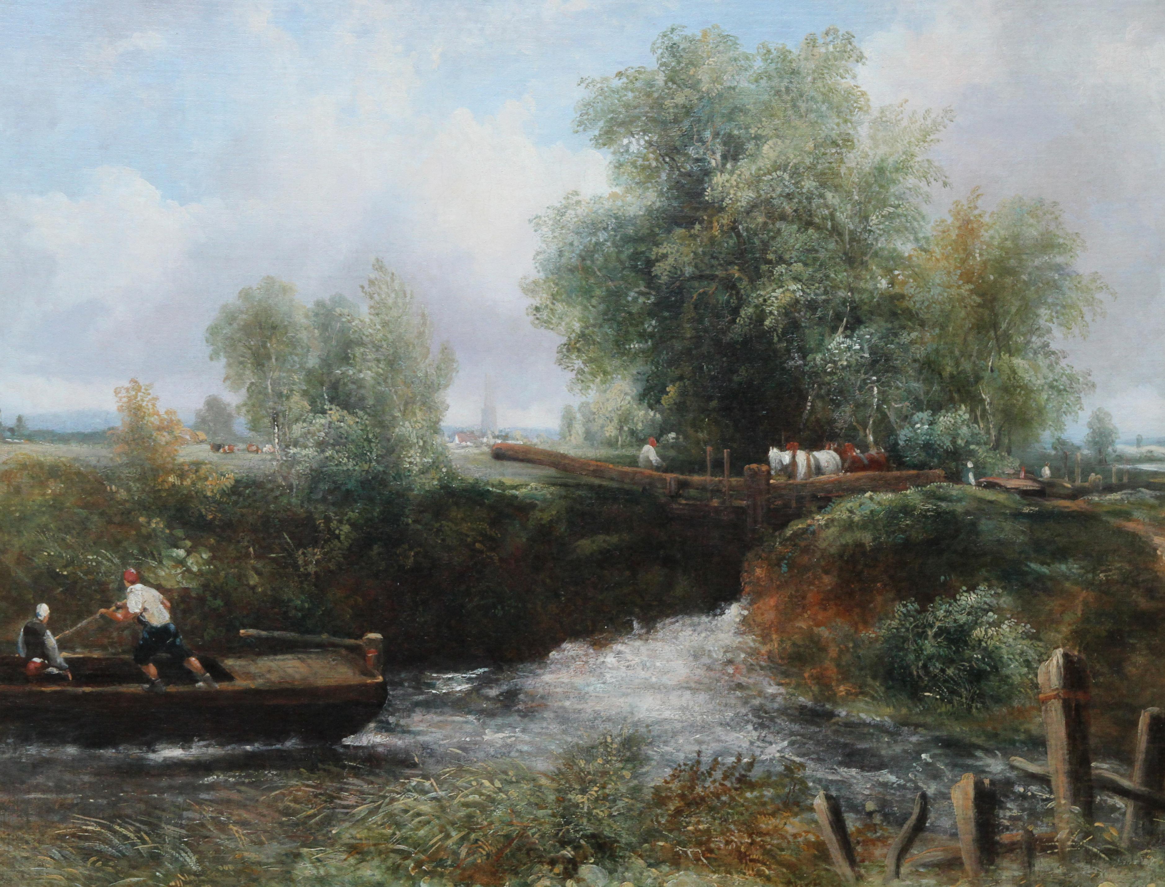 Lock on the Stour – britisches Flusslandschafts-Ölgemälde des 19. Jahrhunderts (Realismus), Painting, von Frederick Waters Watts