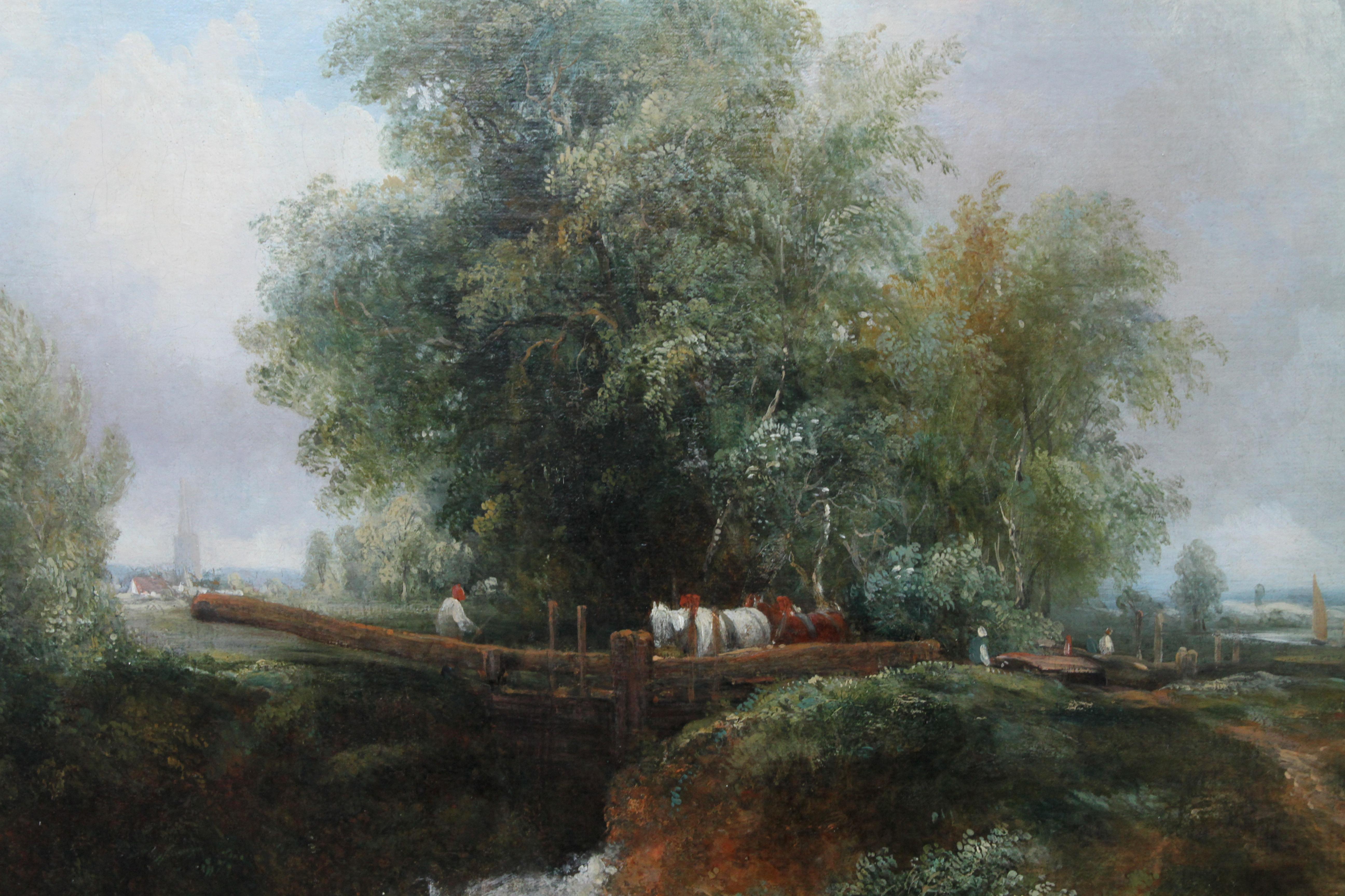 Dieses schöne Ölgemälde einer Landschaft stammt von dem britischen Künstler Frederick Waters Watts aus dem 19. Das Gemälde aus dem Jahr 1850 zeigt die Schleusentore des Stour, die sich oben für den wartenden Kahn öffnen, und unten ein kleines Boot,