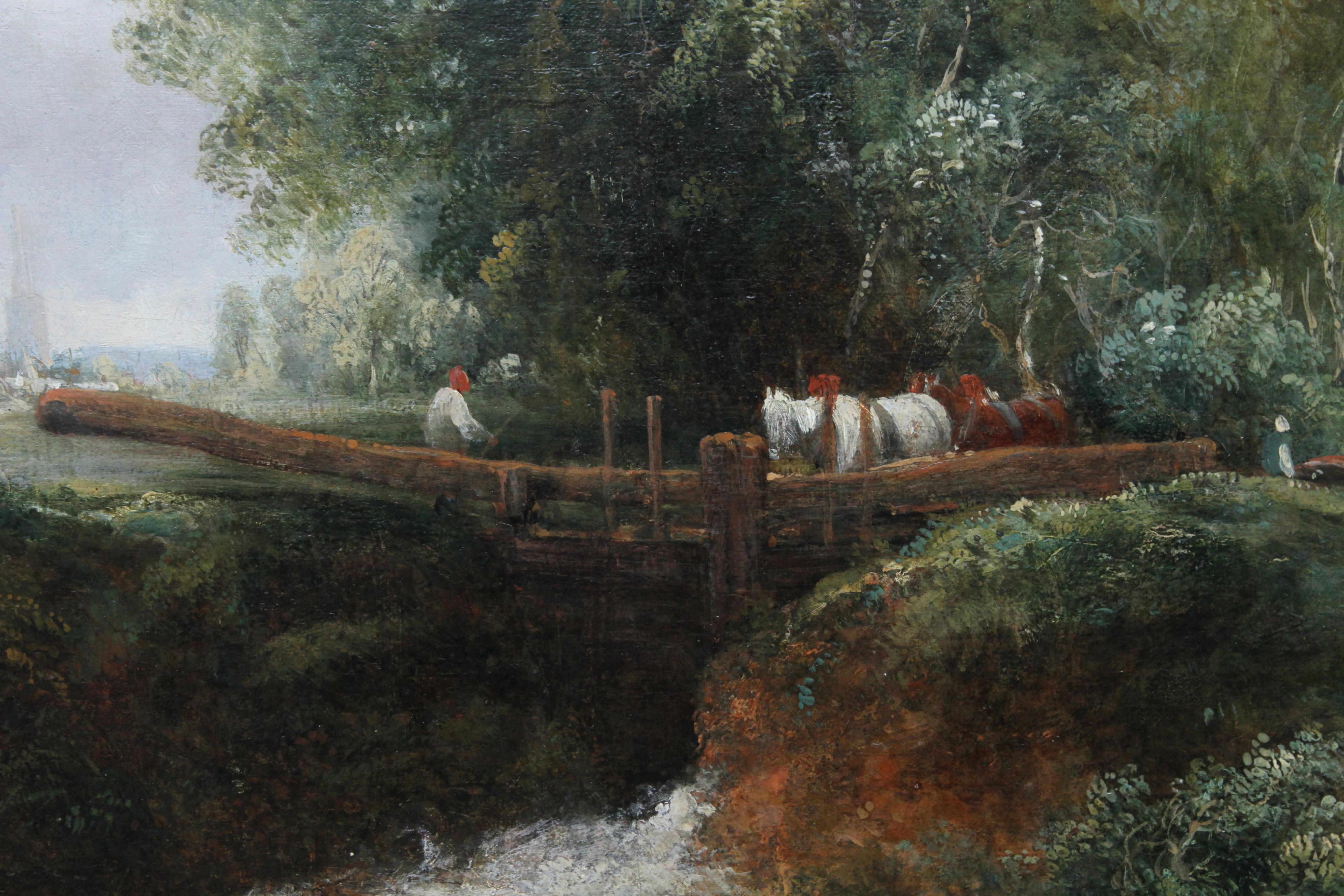 This lovely landscape oil painting is by 19th century British artist Frederick Waters Watts. The painting dating to 1850 depicts lock gates on the Stour opening above for the waiting barge and a small boat below struggling to stay steady in the