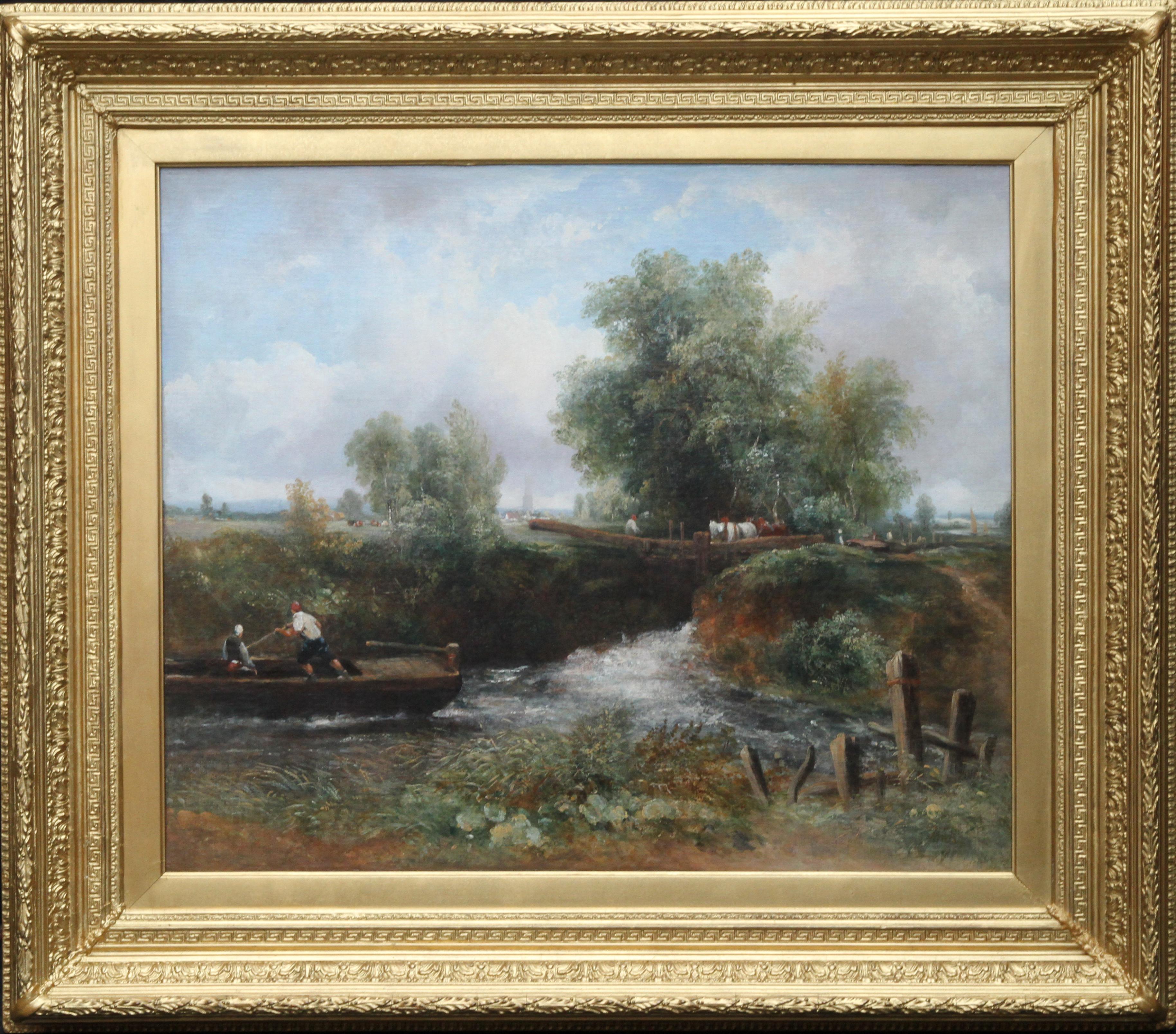 Frederick Waters Watts Landscape Painting – Lock on the Stour – britisches Flusslandschafts-Ölgemälde des 19. Jahrhunderts