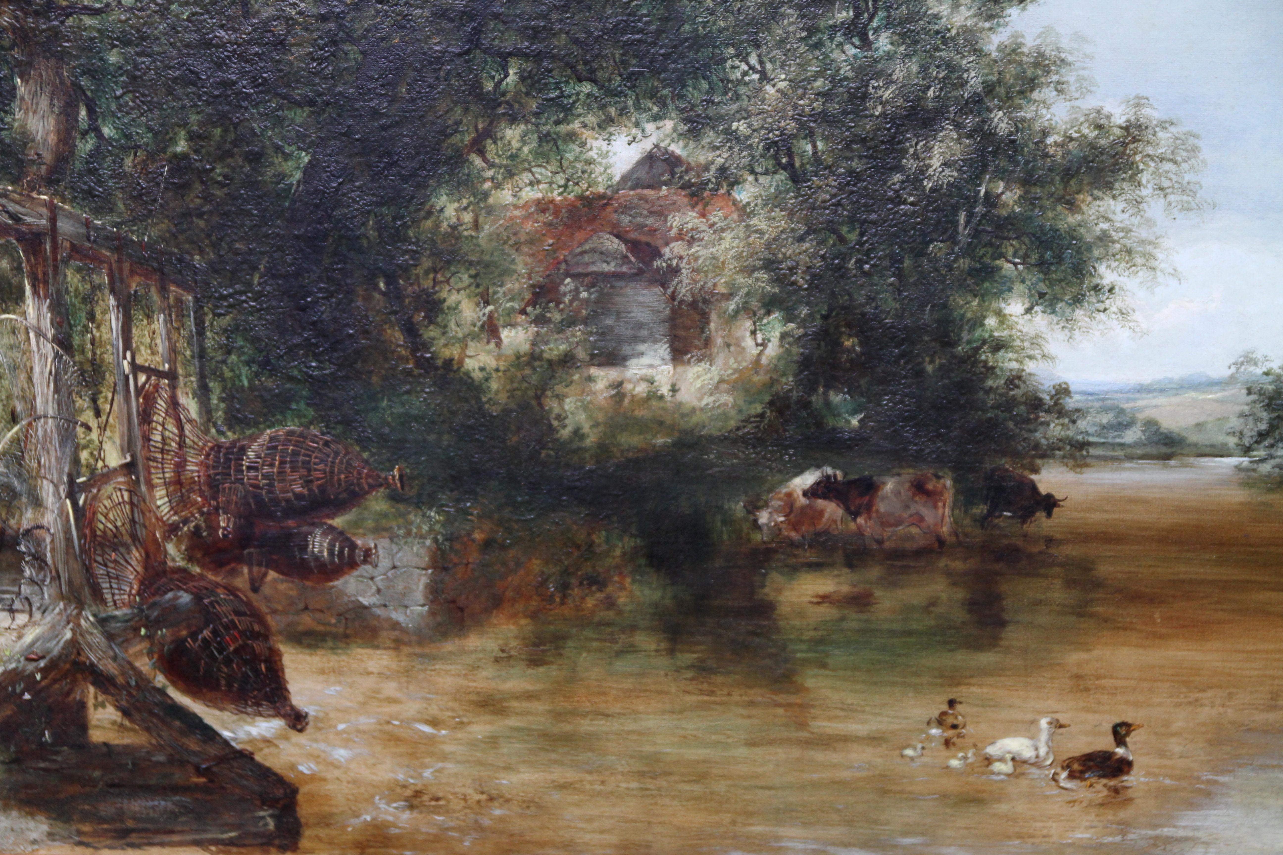 Pulling in the Creel Nets - British Victorian art river landscape oil painting  7