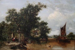 Pulling in the Creel Nets - British Victorian art river landscape oil painting