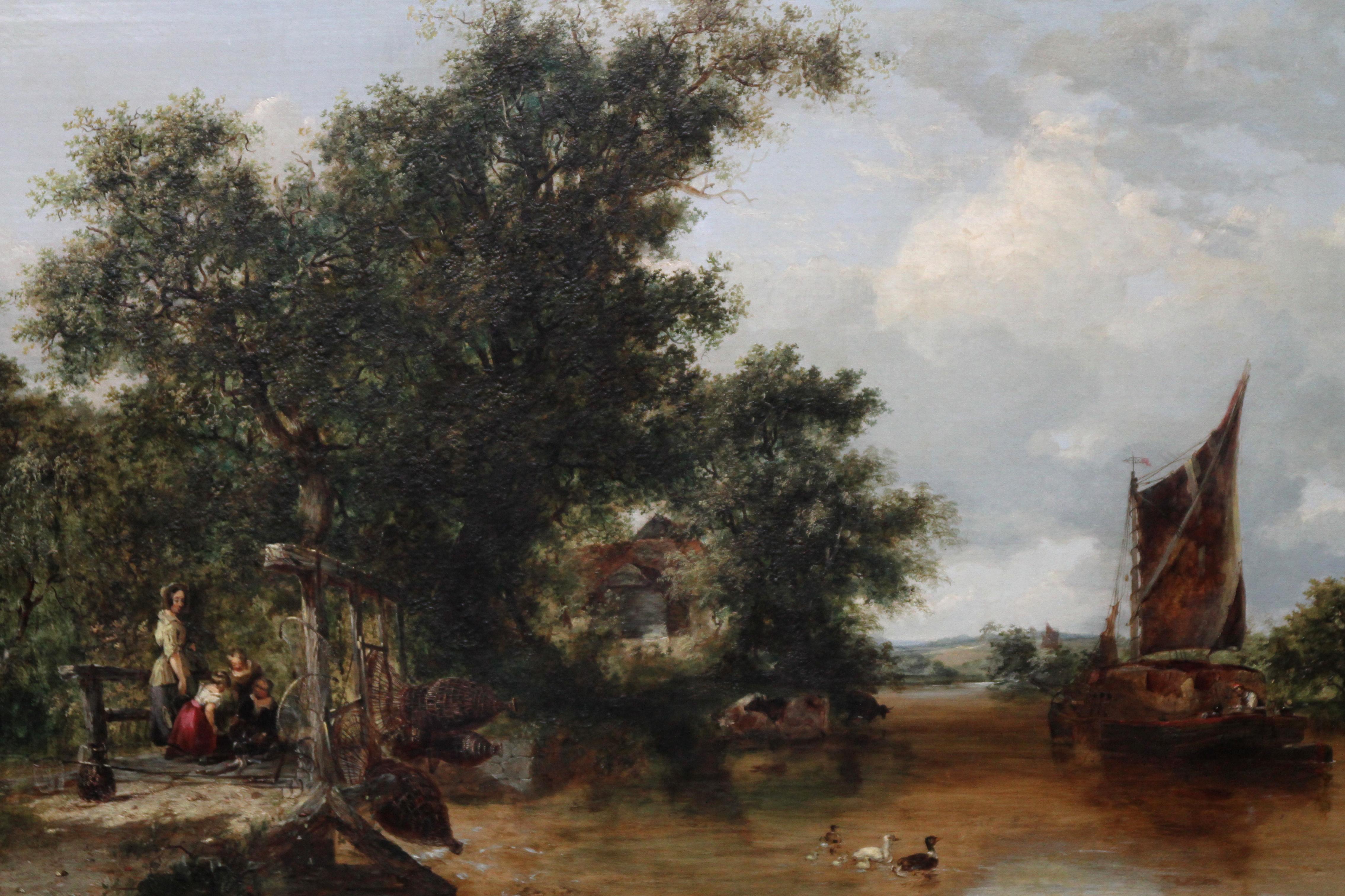 The Pulling in the Creel Nets - Art victorien britannique paysage fluvial peinture à l'huile - Réalisme Painting par Frederick Waters Watts