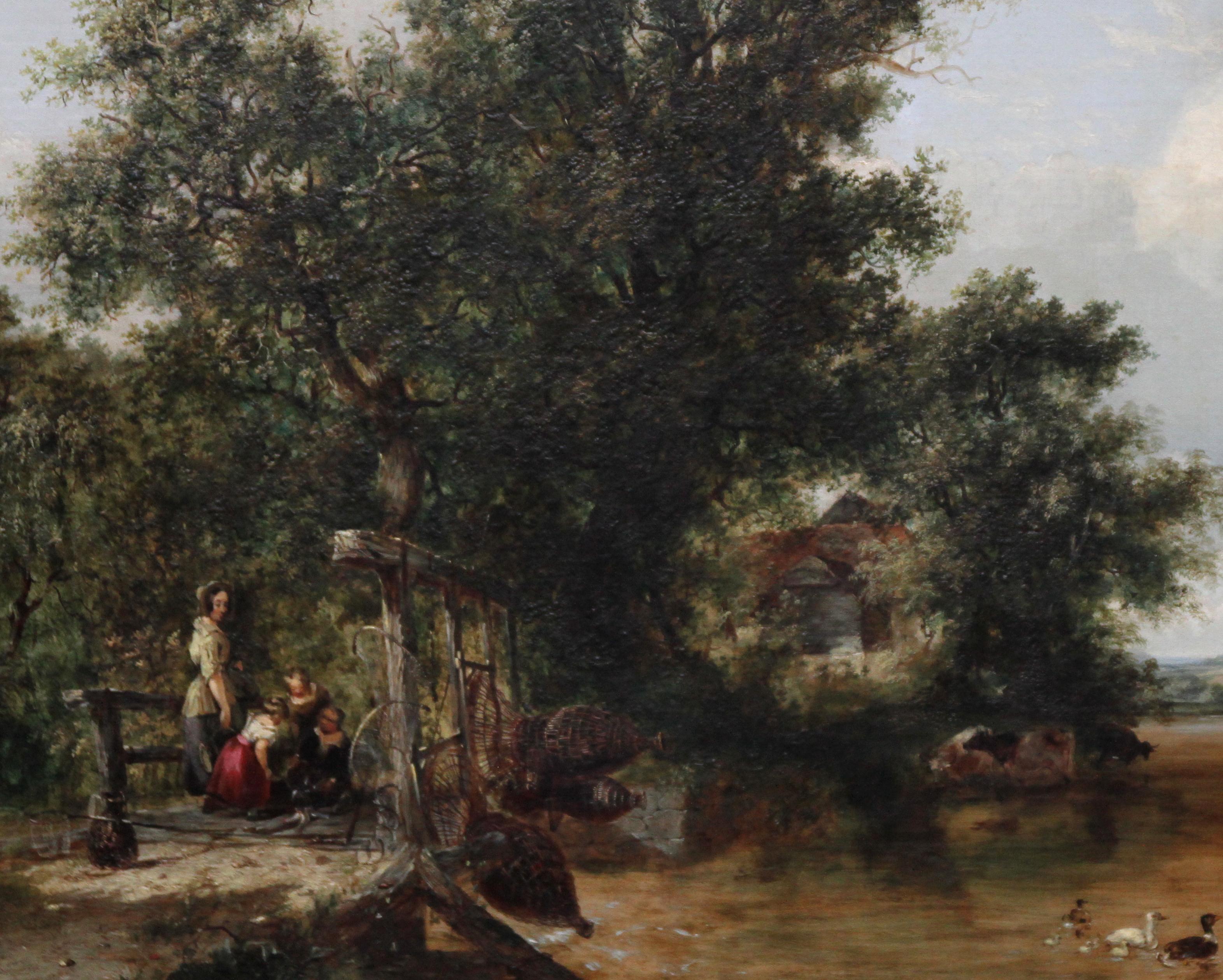 The Pulling in the Creel Nets - Art victorien britannique paysage fluvial peinture à l'huile - Noir Landscape Painting par Frederick Waters Watts