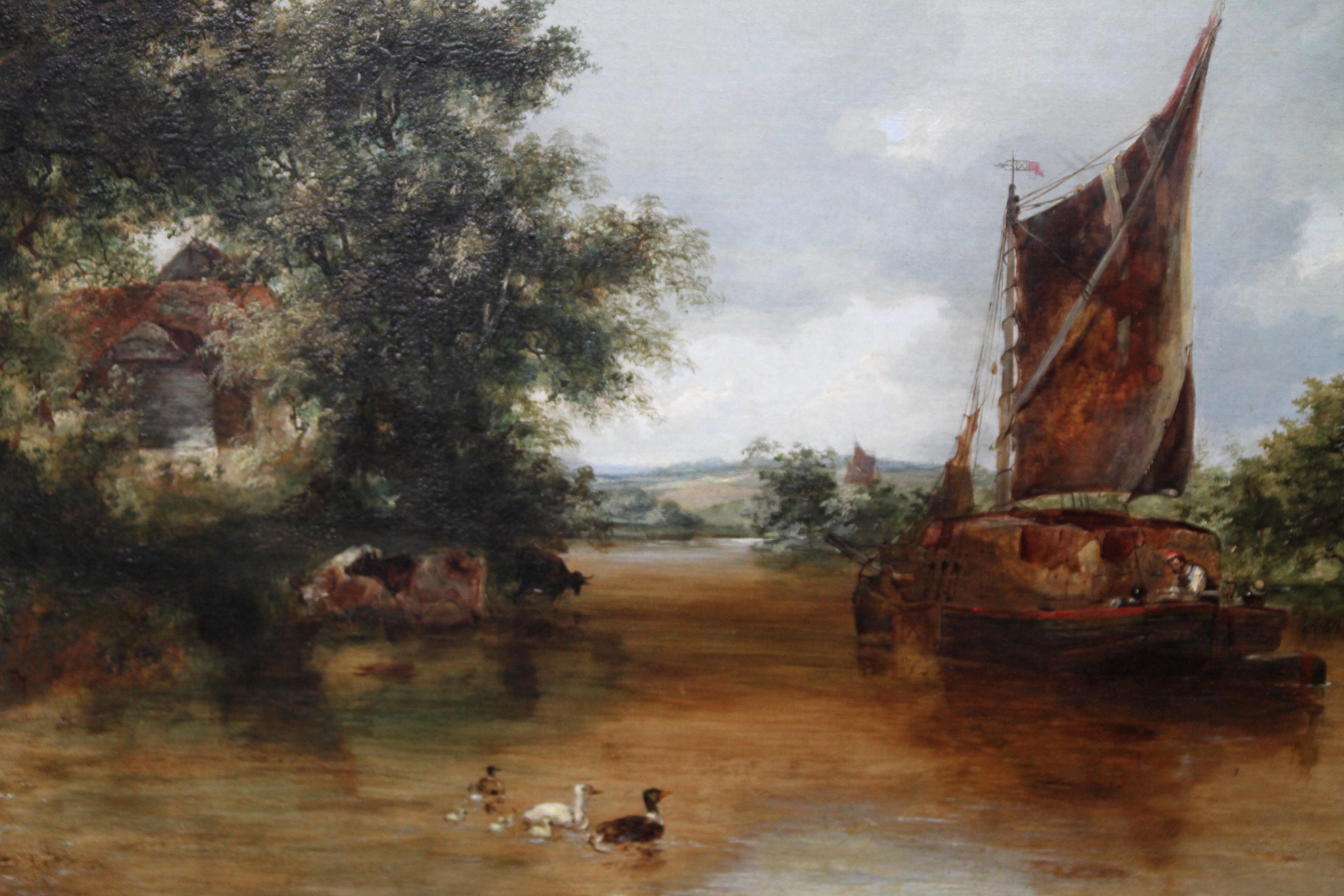 The Pulling in the Creel Nets - Art victorien britannique paysage fluvial peinture à l'huile en vente 2