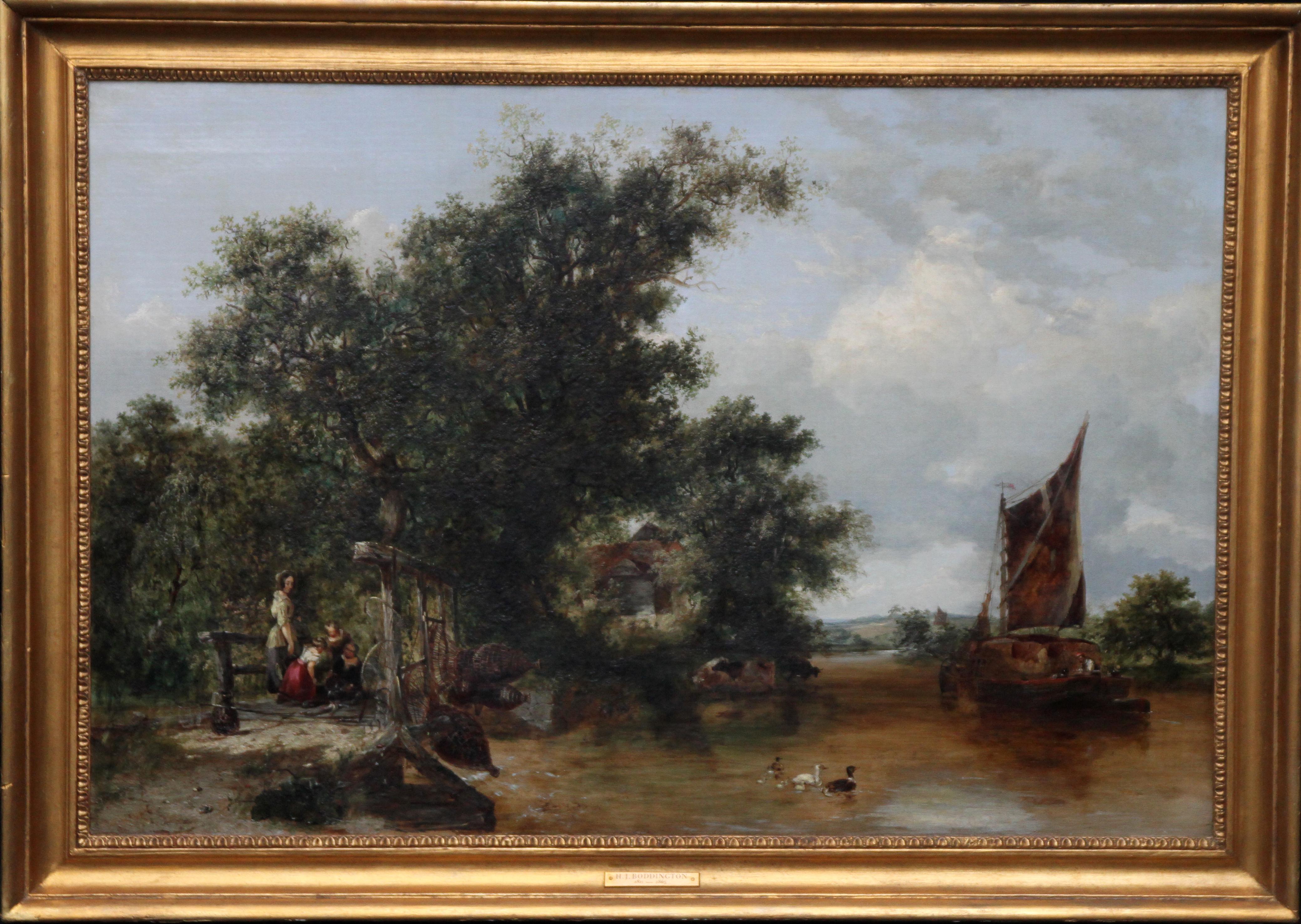 Pulling in the Creel Nets - British Victorian art river landscape oil painting 