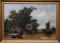 Antique Pulling in the Creel Nets - British Victorian art river landscape oil painting