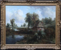 Thatched Cottage and Figures by Waters Edge - British Victorian art oil painting