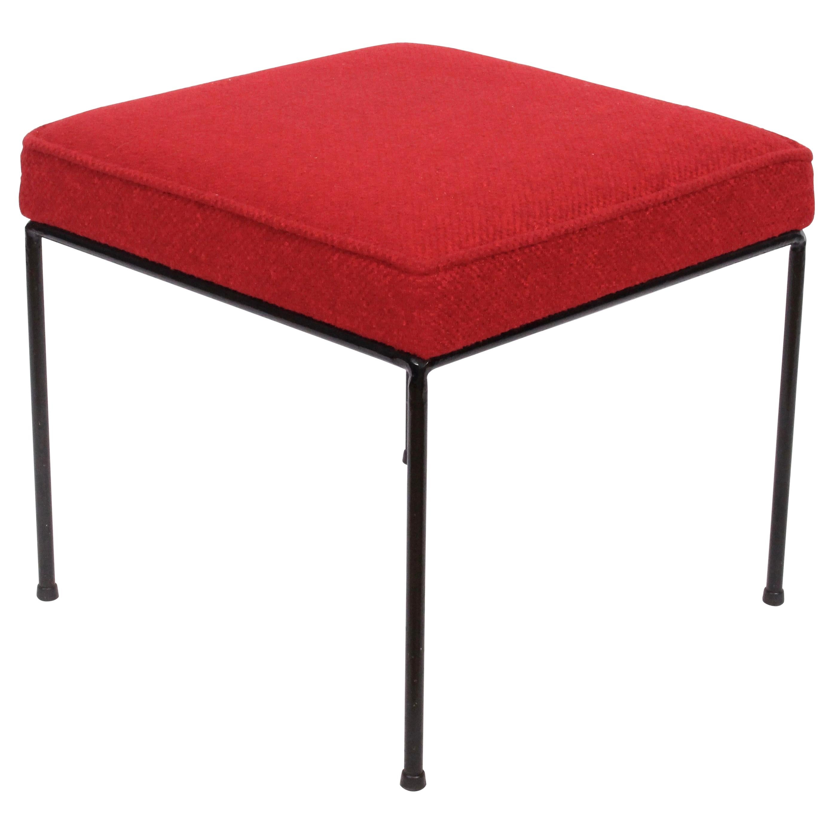 Frederick Weinberg Black Wrought Iron Stool with Red Fabric, circa 1950