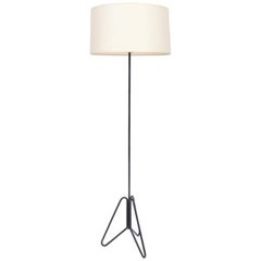 Frederick Weinberg Style Black Enameled Iron Tripod Hairpin Floor Lamp, 1950s