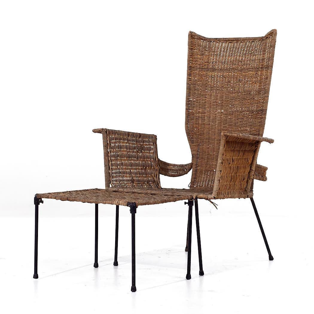 Mid-Century Modern Frederick Weinberg Style Mid Century Wicker and Wrought Iron Chair and Ottoman For Sale