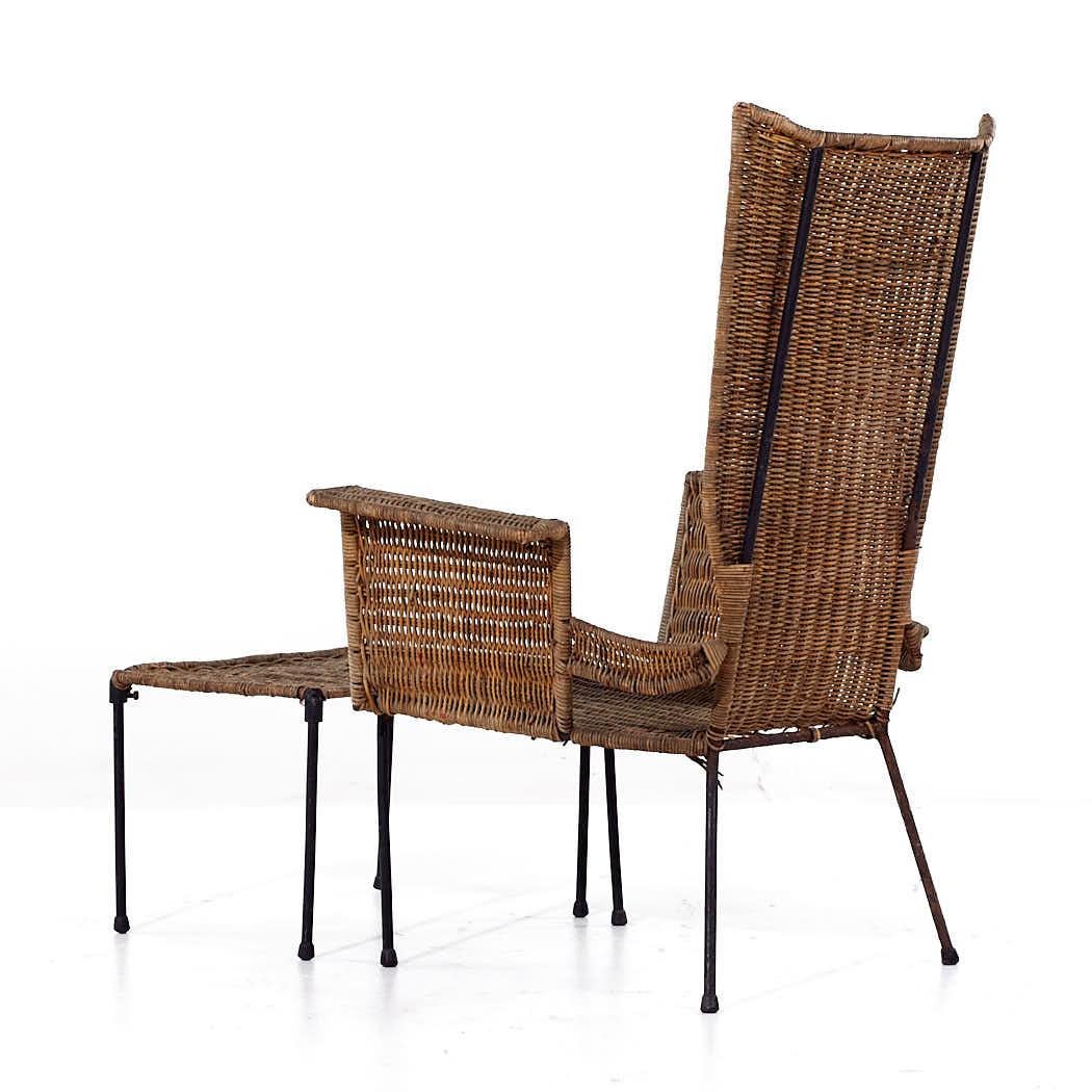 Late 20th Century Frederick Weinberg Style Mid Century Wicker and Wrought Iron Chair and Ottoman For Sale