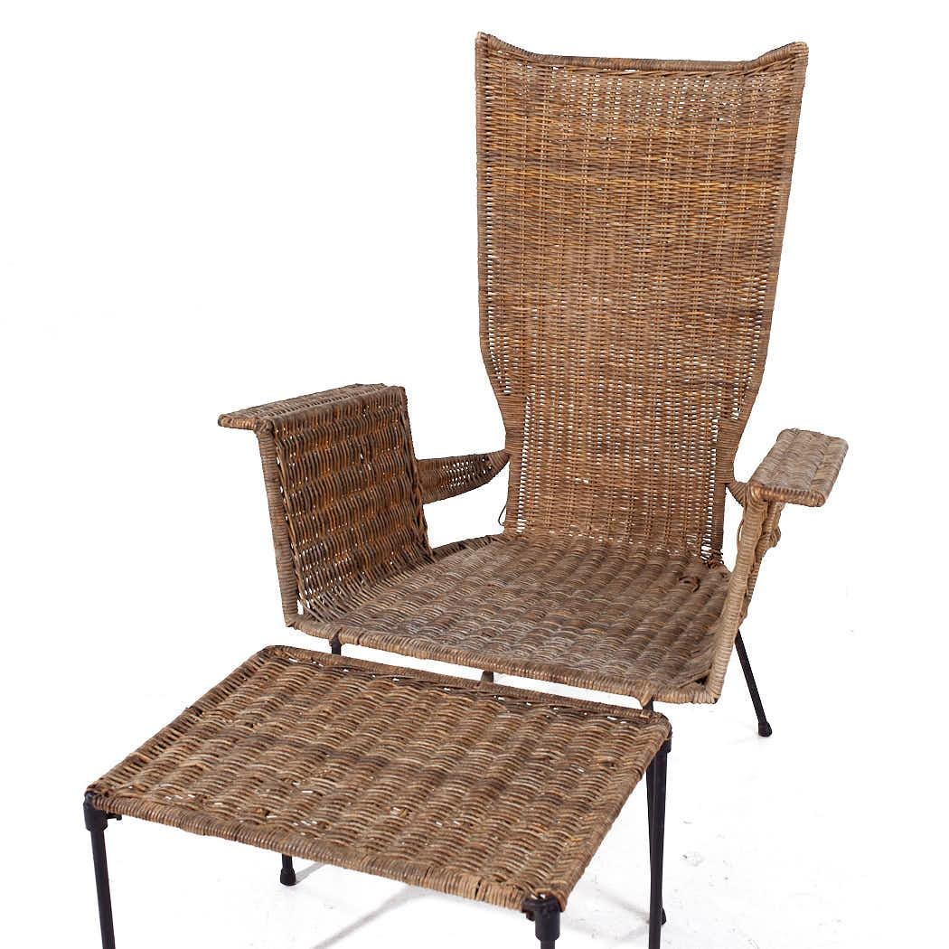 Frederick Weinberg Style Mid Century Wicker and Wrought Iron Chair and Ottoman For Sale 3