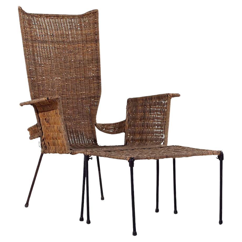 Frederick Weinberg Style Mid Century Wicker and Wrought Iron Chair and Ottoman For Sale