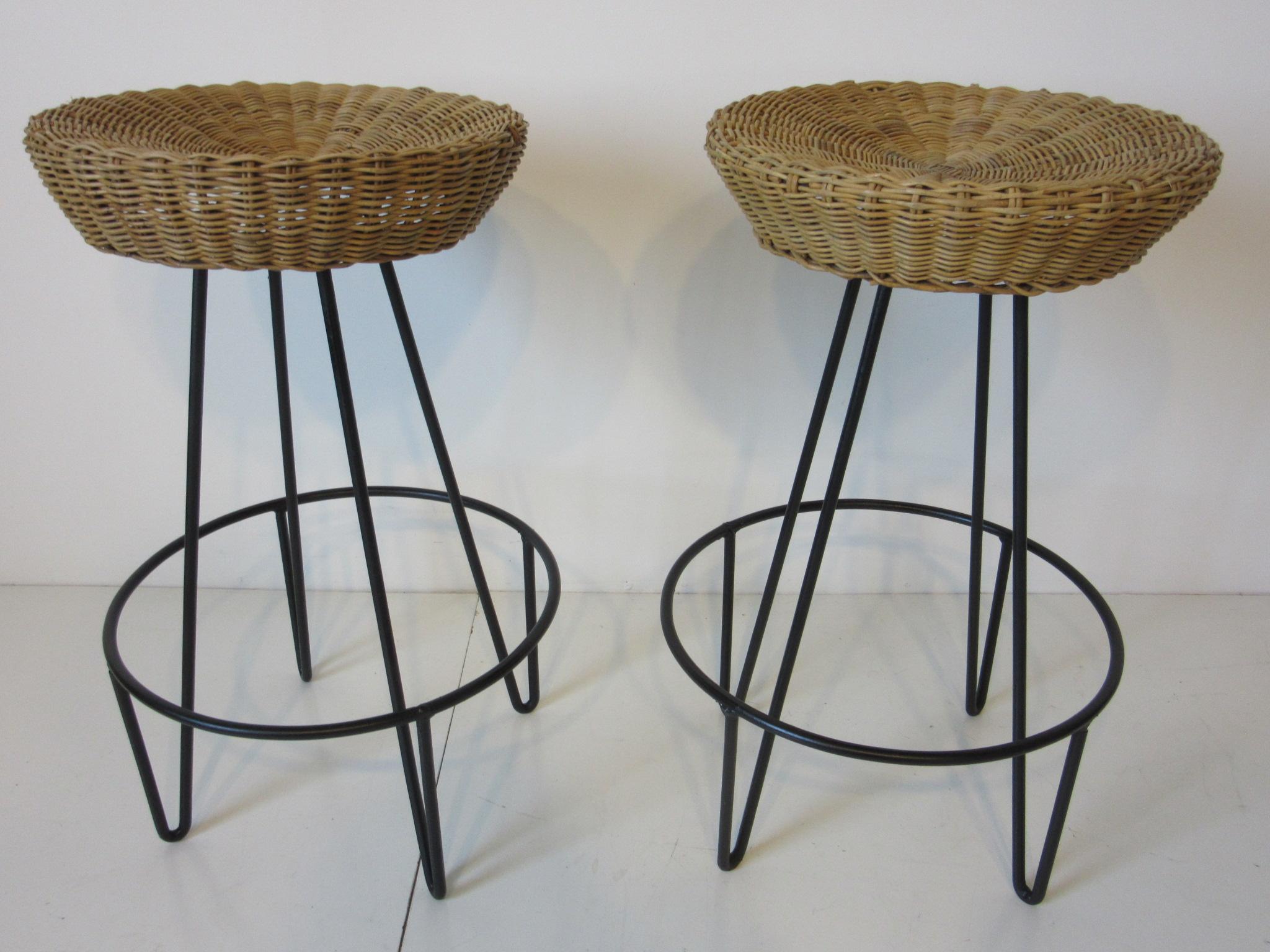 Frederick Weinberg Wicker and Iron Bar Stools In Good Condition In Cincinnati, OH