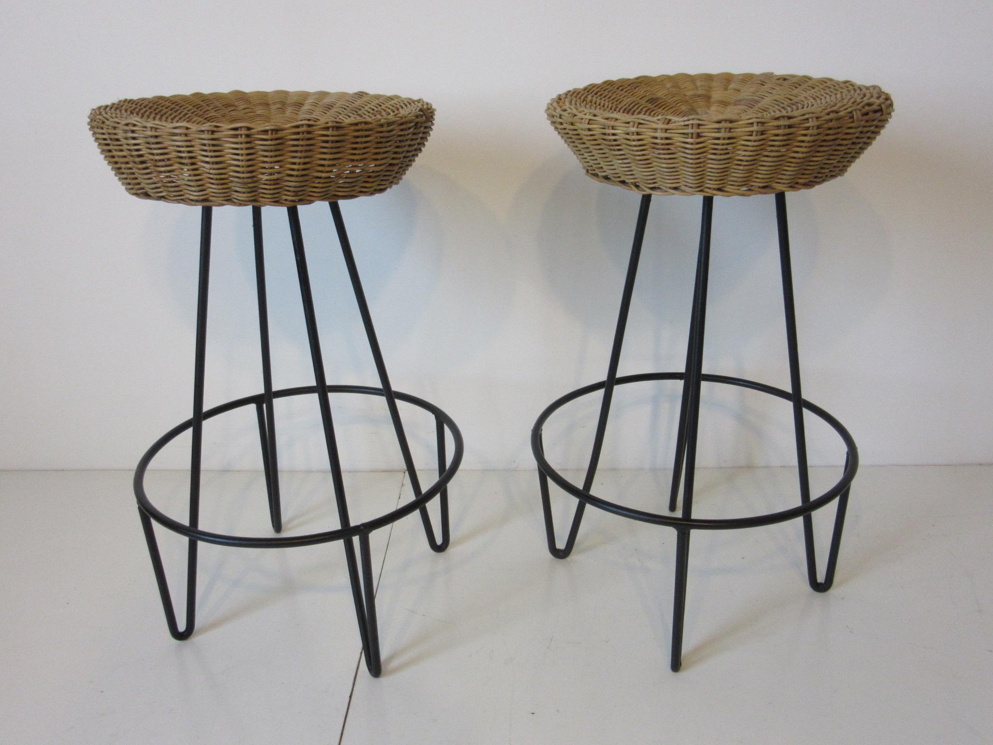 Frederick Weinberg Wicker and Iron Bar Stools 1