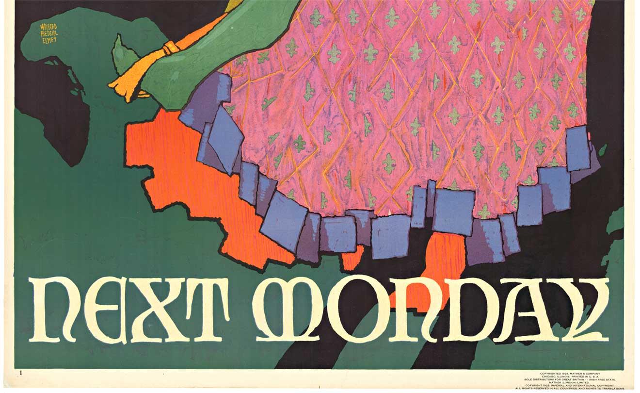 Originales Originalplakat „Next Montag“ von Mather Work, 1929 (Amerikanische Moderne), Print, von Frederick Willard Elmes