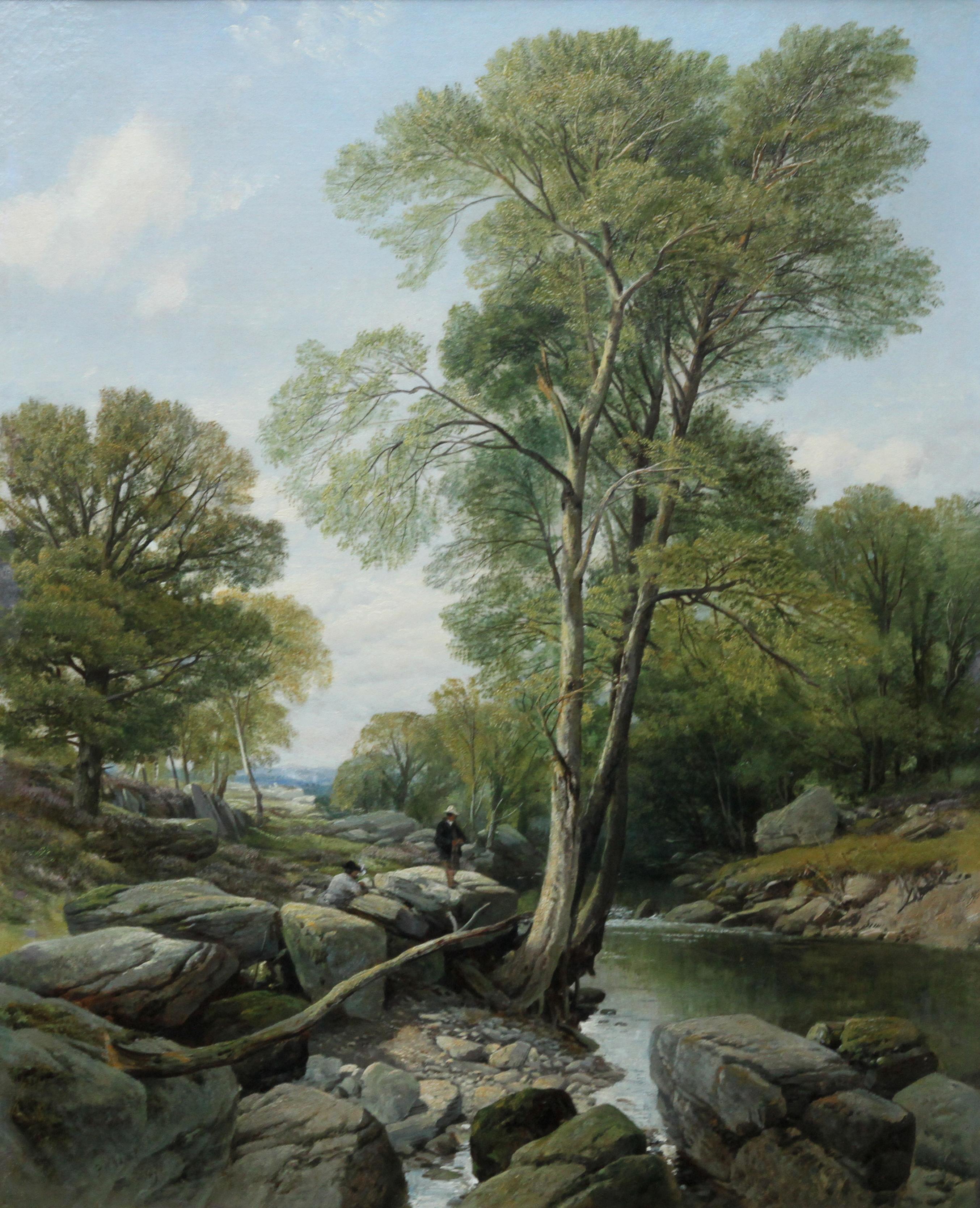 Fishermen in a Rocky River Landscape - British Victorian art oil painting For Sale 7