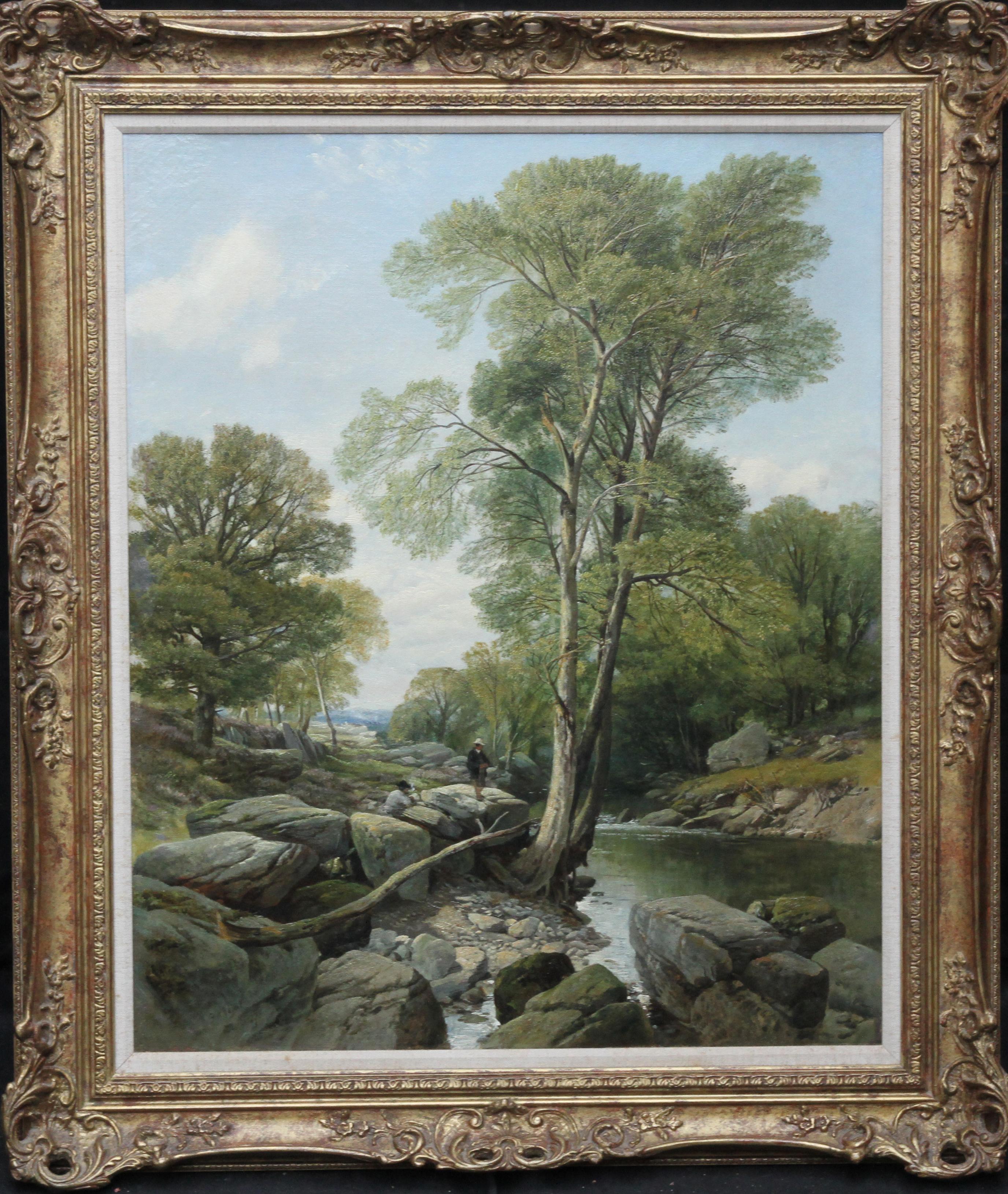Fishermen in a Rocky River Landscape - British Victorian art oil painting For Sale 8