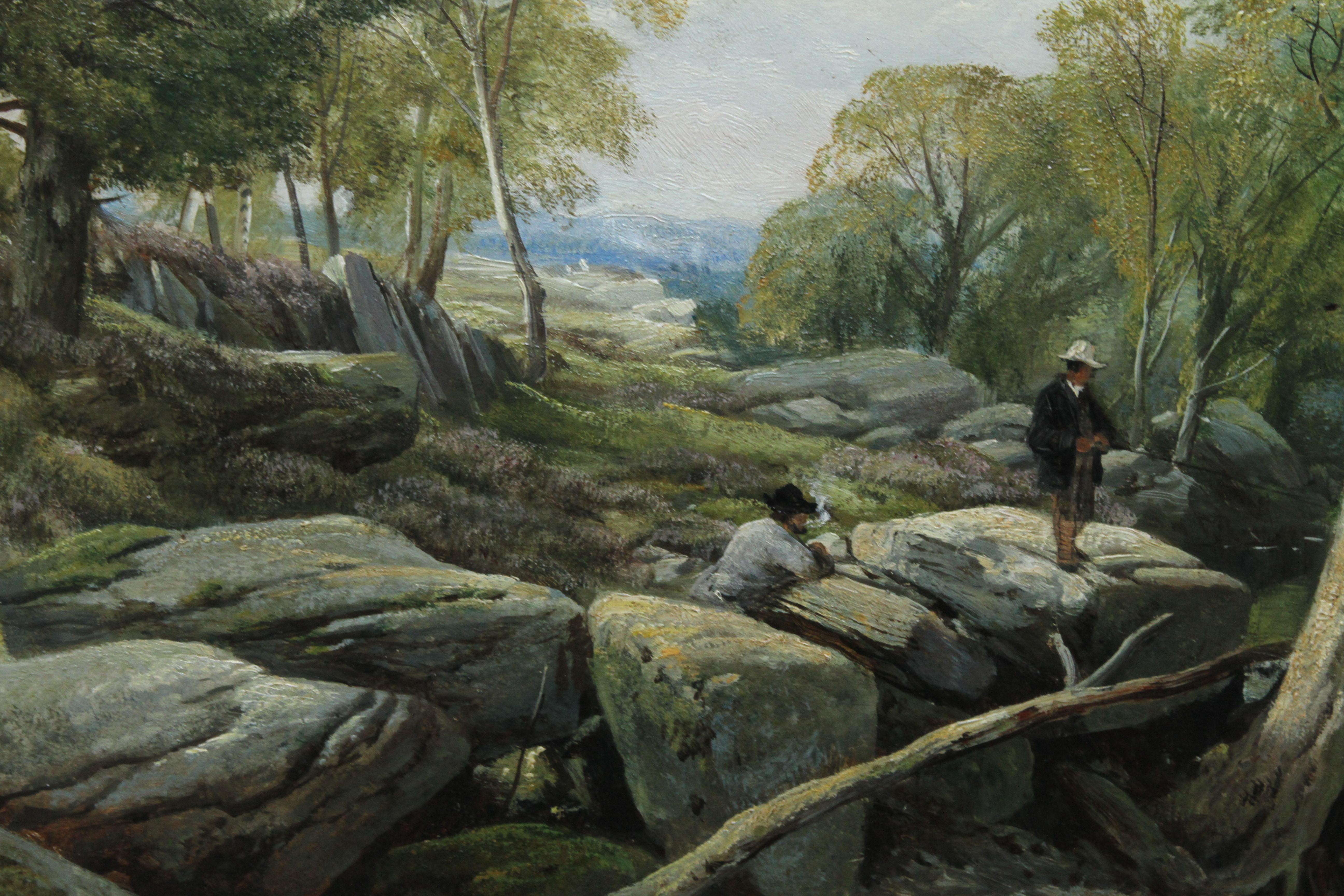 Fishermen in a Rocky River Landscape - British Victorian art oil painting For Sale 2