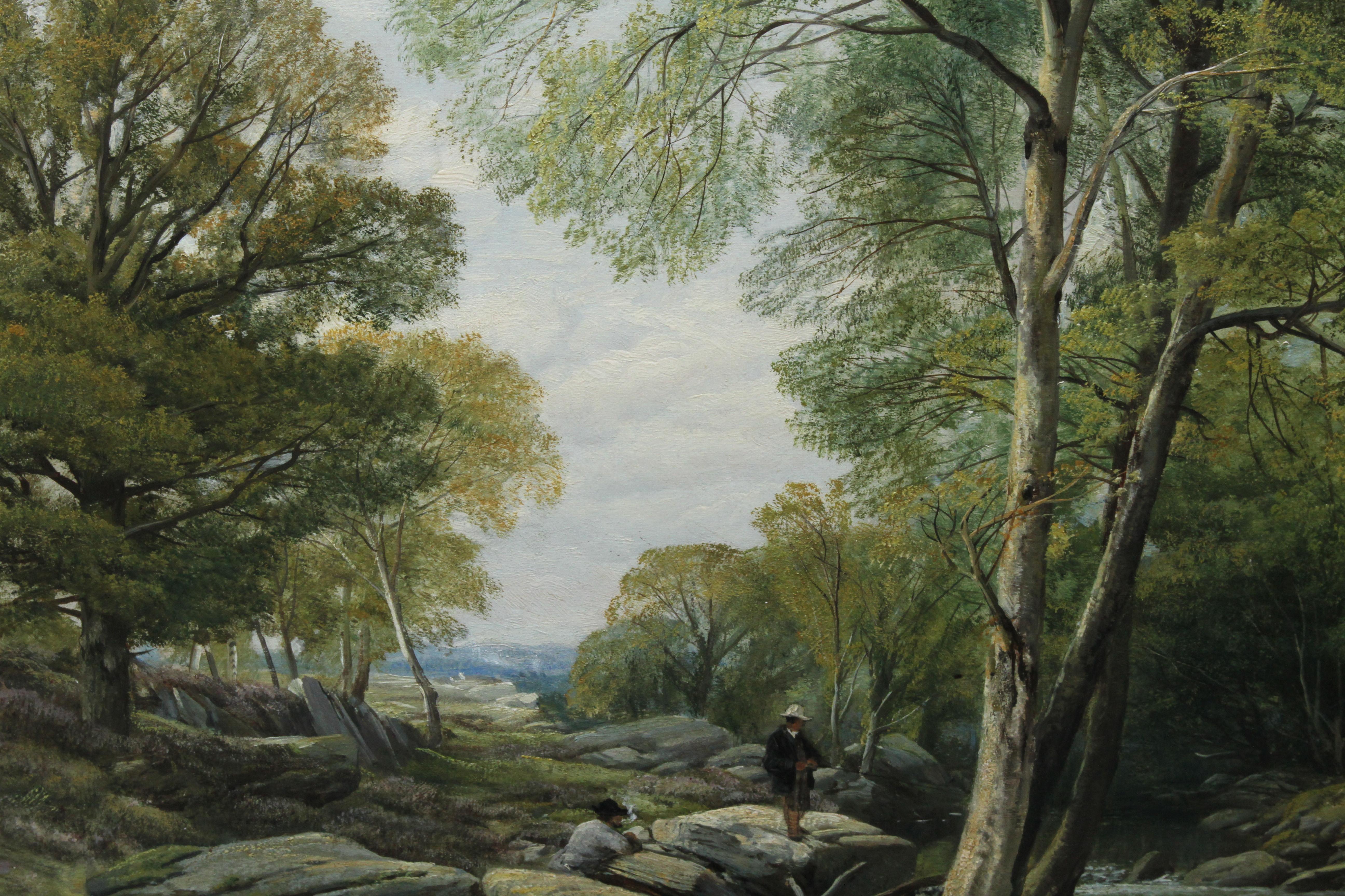 Fishermen in a Rocky River Landscape - British Victorian art oil painting For Sale 4