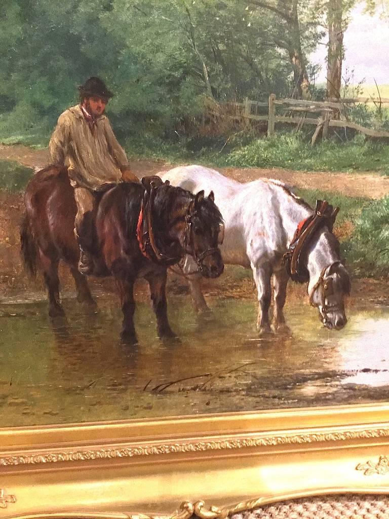 Horses Watering An English Landscape - Painting by Frederick William Hulme