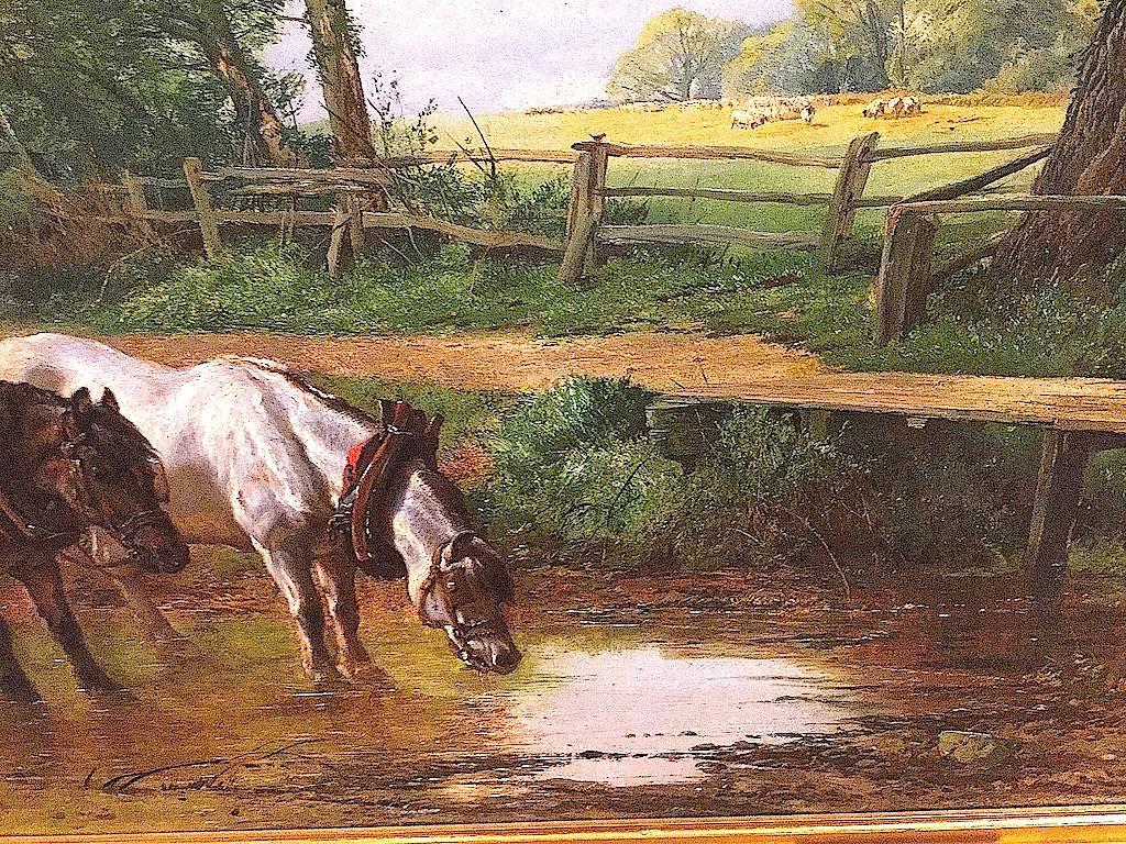 Horses Watering An English Landscape - Romantic Painting by Frederick William Hulme