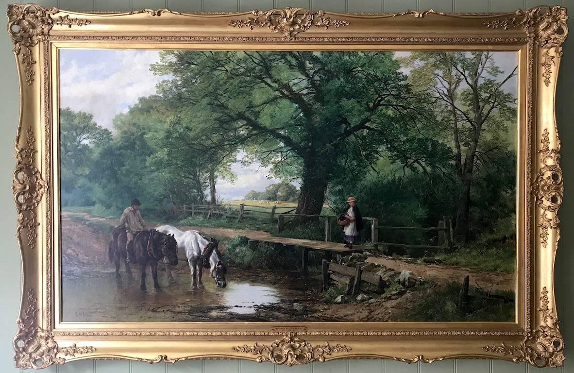 Frederick William Hulme Landscape Painting - Horses Watering An English Landscape