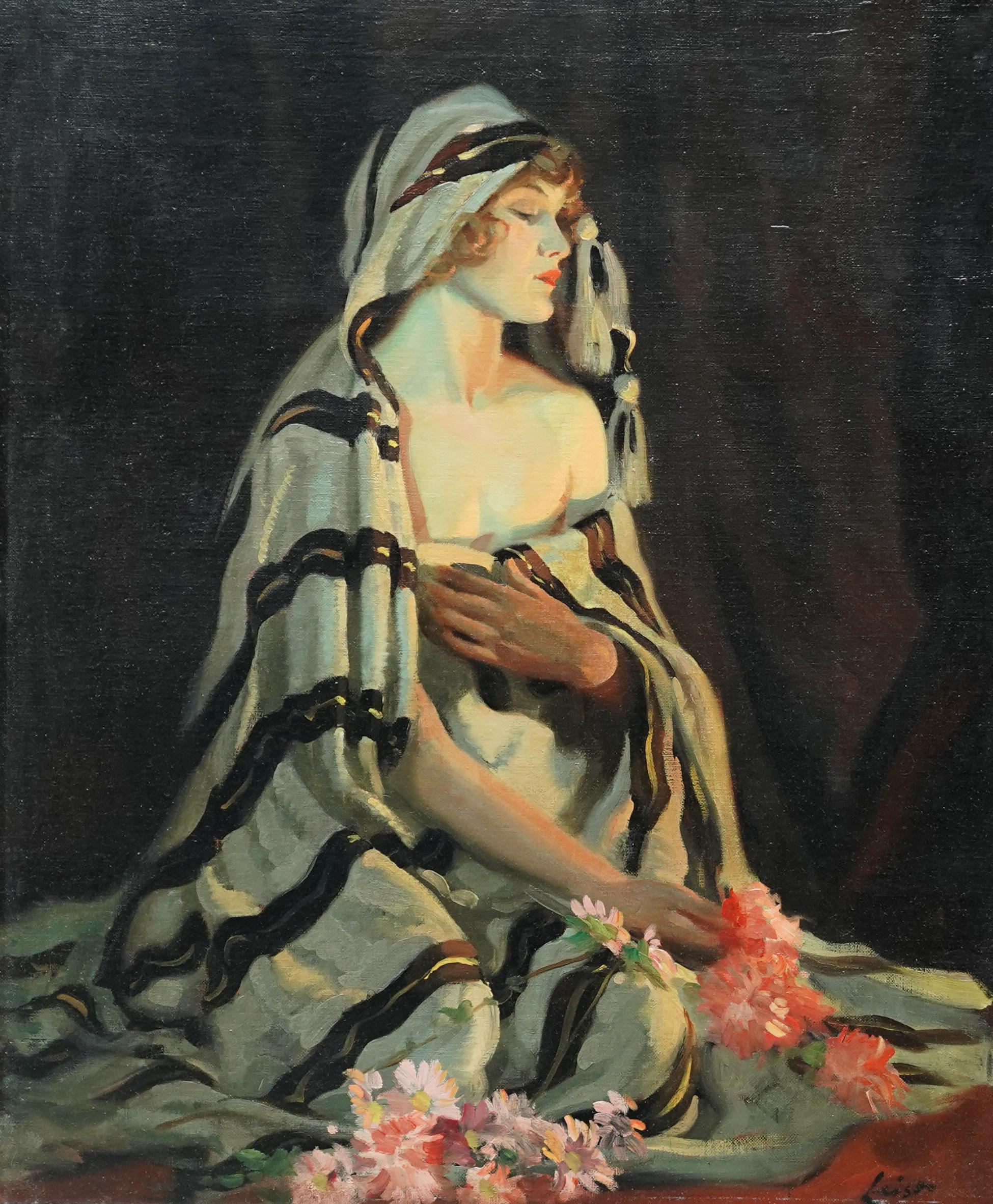 Lost in Thought - Australian art 1920's portrait oil painting woman flowers For Sale 1