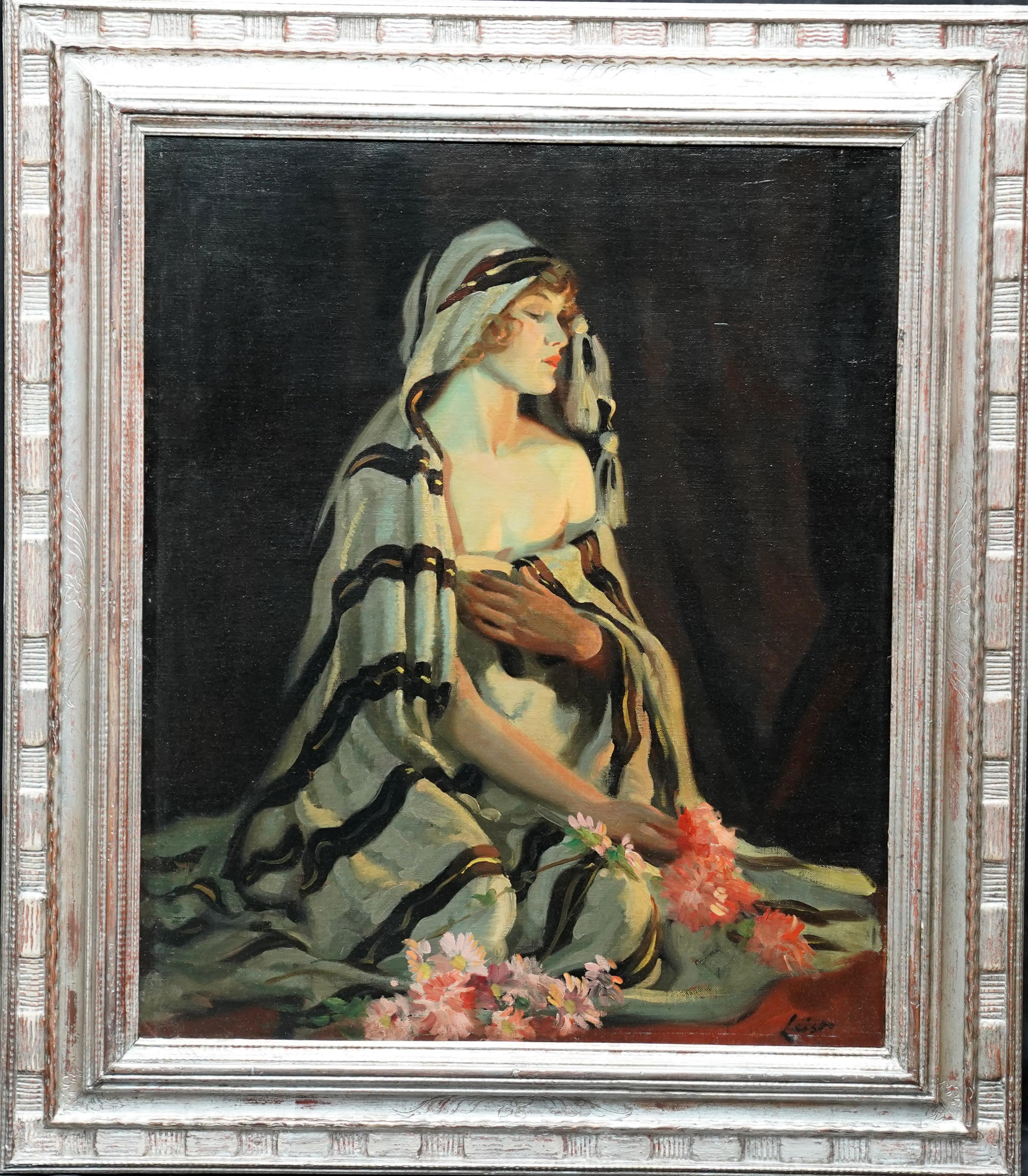 Frederick William Leist Portrait Painting - Lost in Thought - Australian art 1920's portrait oil painting woman flowers
