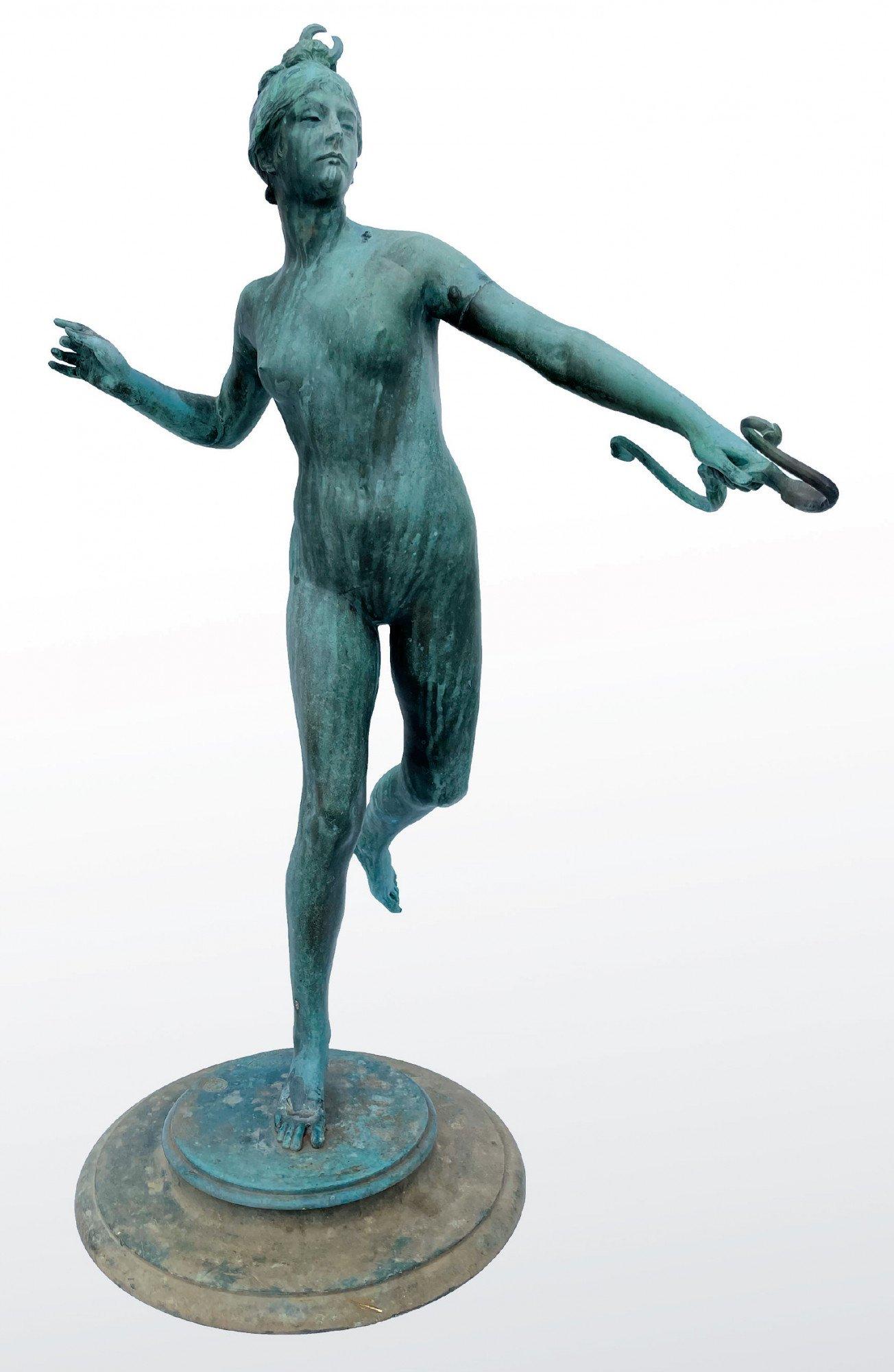 Frederick William MacMonnies (American, 1863-1937)
Diana, 1890
Bronze with green verdigris patina 
Signed and dated 
Copyright 1894 with Jaboeuf & Rouard, Paris foundry mark
31 x 21 x 17 inches 

A sculptor of classical figures, American-born
