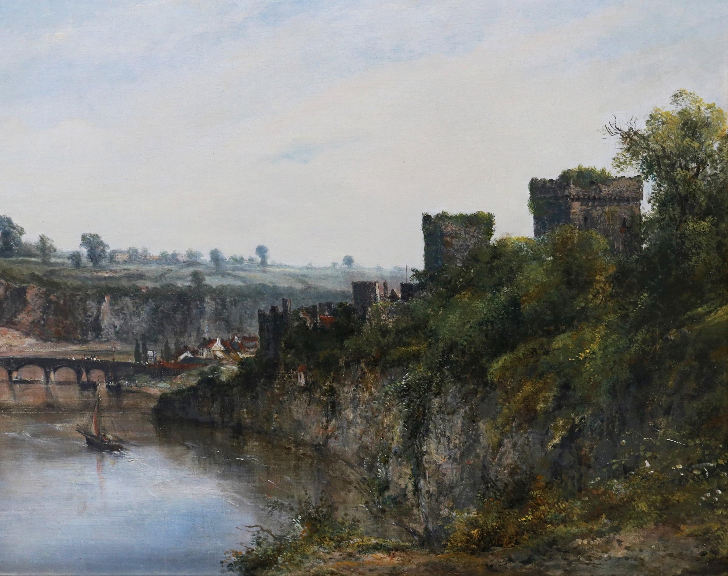 La rivière Wye à Chepstow - Peinture à l'huile du 19e siècle - Paysage d'été anglais - Marron Landscape Painting par Frederick William Watts
