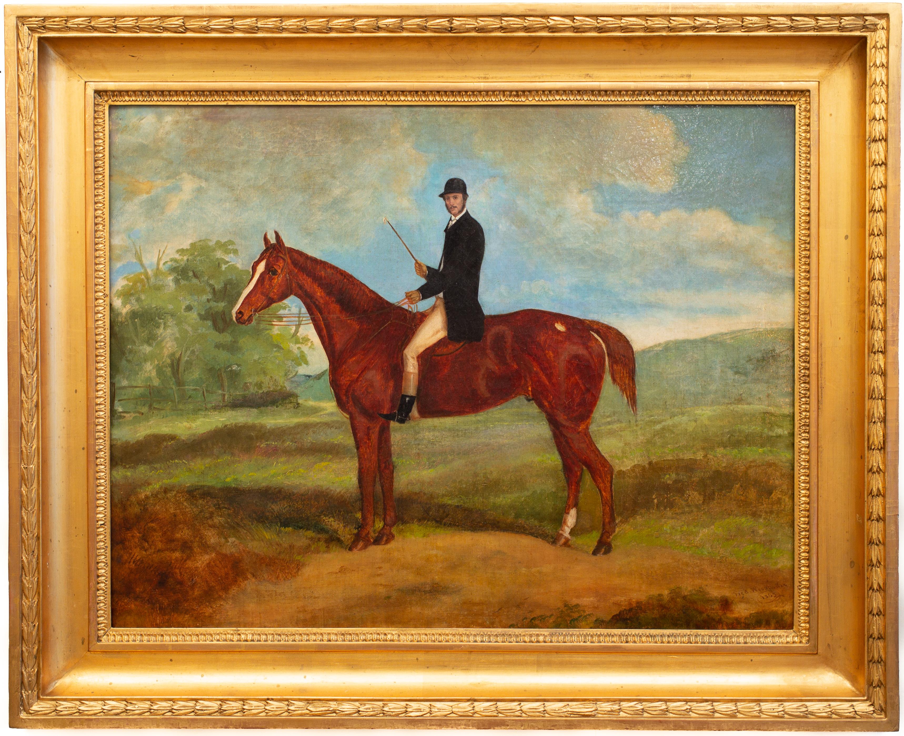 Frederick Woodhouse Sr. Landscape Painting - A Gentleman Rider on a Horse, Oil on Canvas, 1863, Signed, Free Shipping 