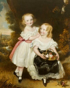 Antique Regency Sisters, A Portrait of Two Children Victorian 19th Century 