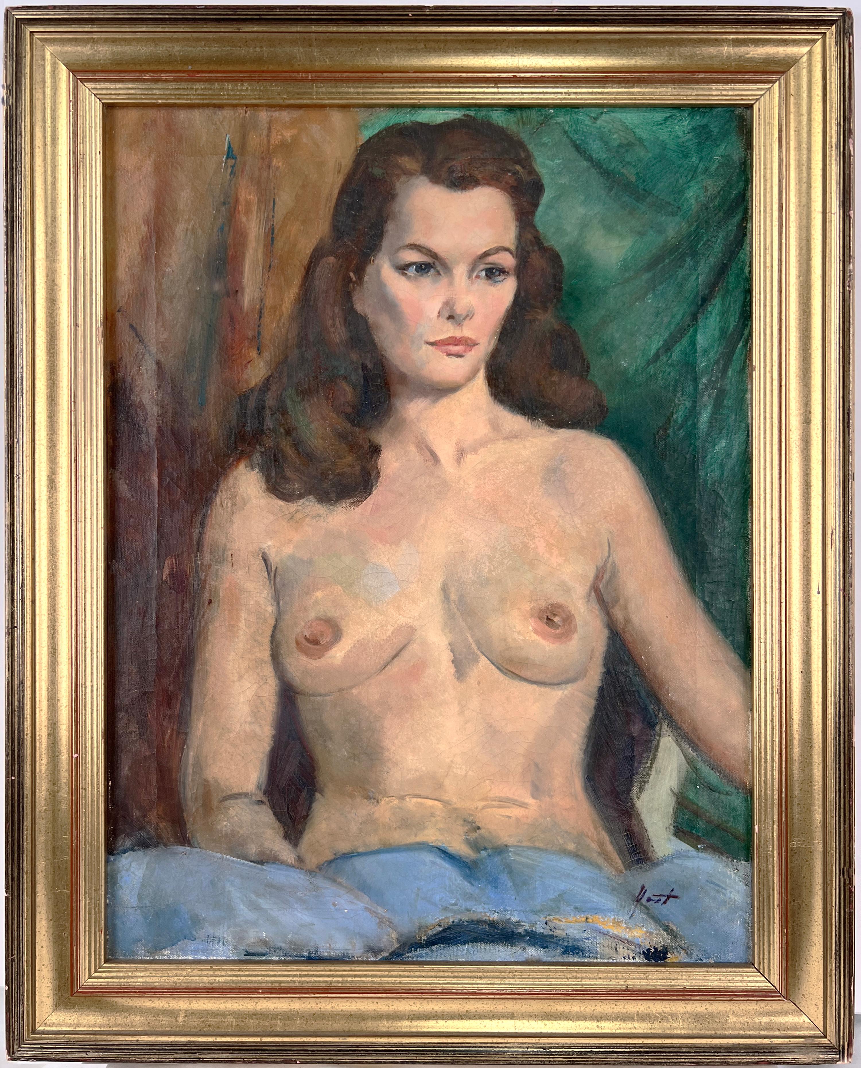 Sitzende nackte Frau, amerikanische impressionistische Schule der 1940er Jahre, von Fred Yost 