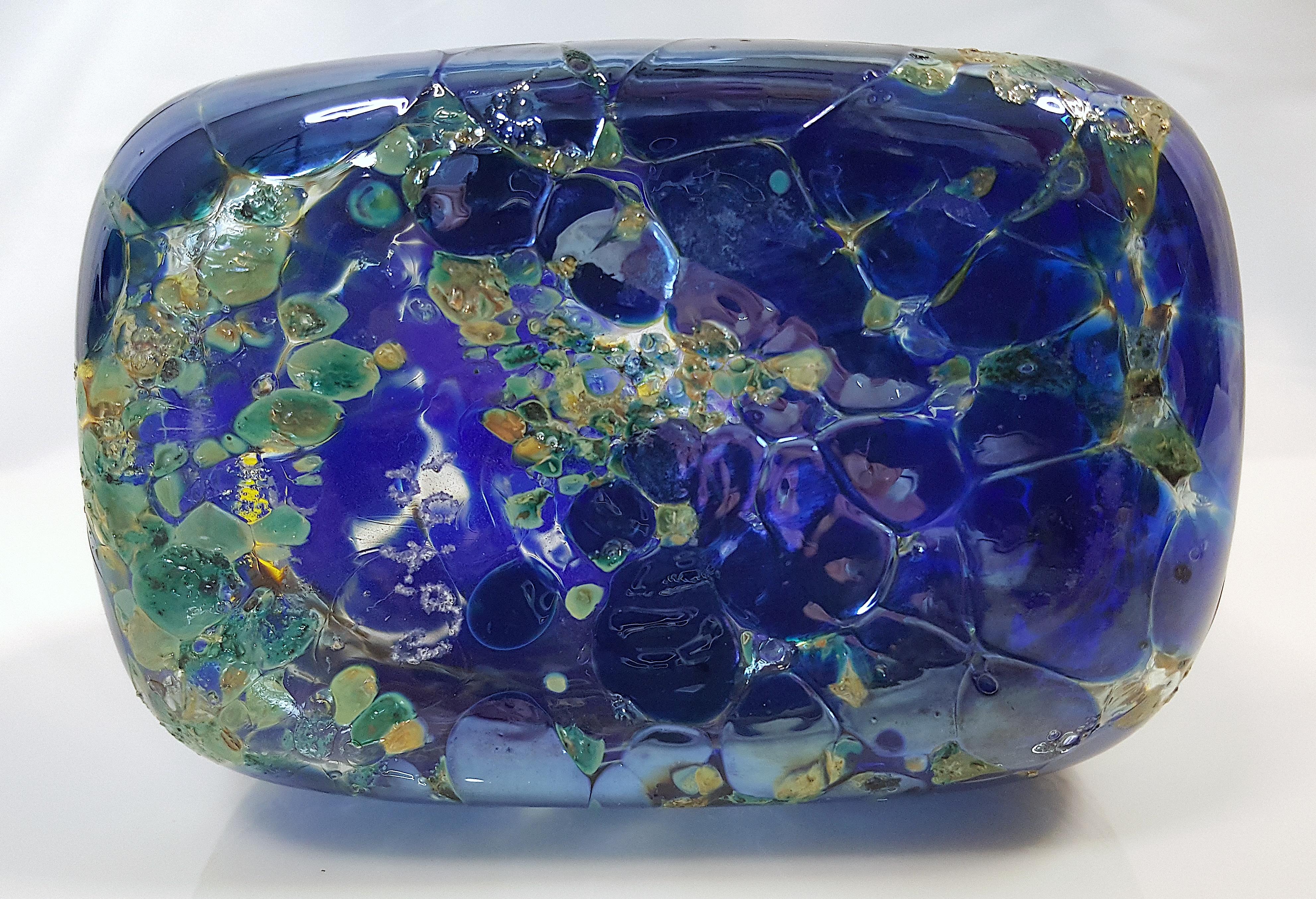 Carder Steuben Seltene „MossAgate“ nummerierte blaue Matrix-Vase aus geblasenem Glas mit Craquelé-Muster im Angebot 1
