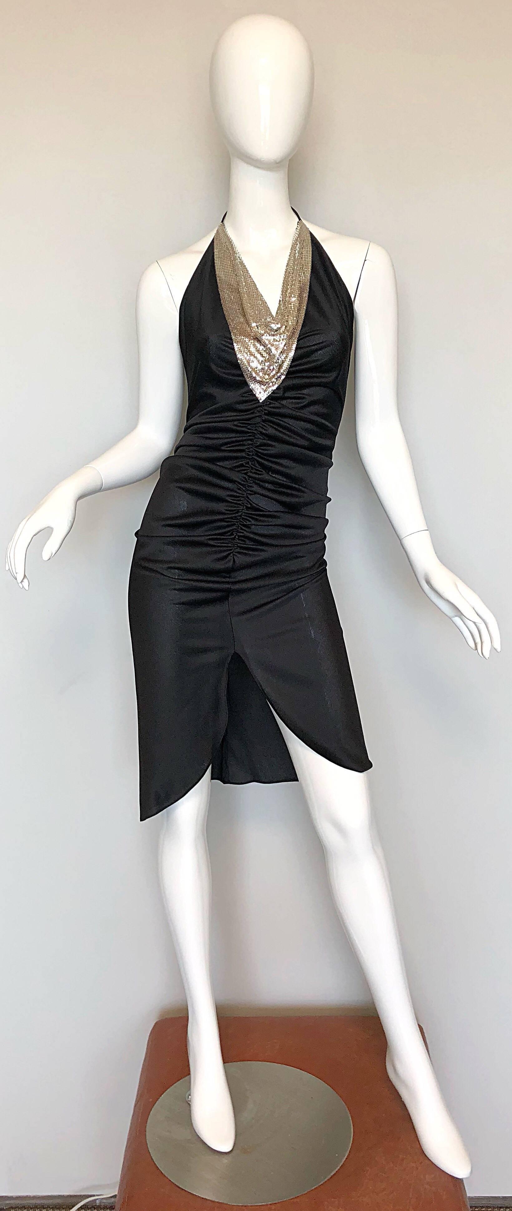 Sexy and rare early 1970s FREDERICKS OF HOLLYWOOD black and silver jersey + chainmail slinky disco halter dress! This rare gem is from the era when Frederick's was a Hollywood go-to for starlets like Farrah Fawcett, Goldie Hawn, Sophia Loren, and
