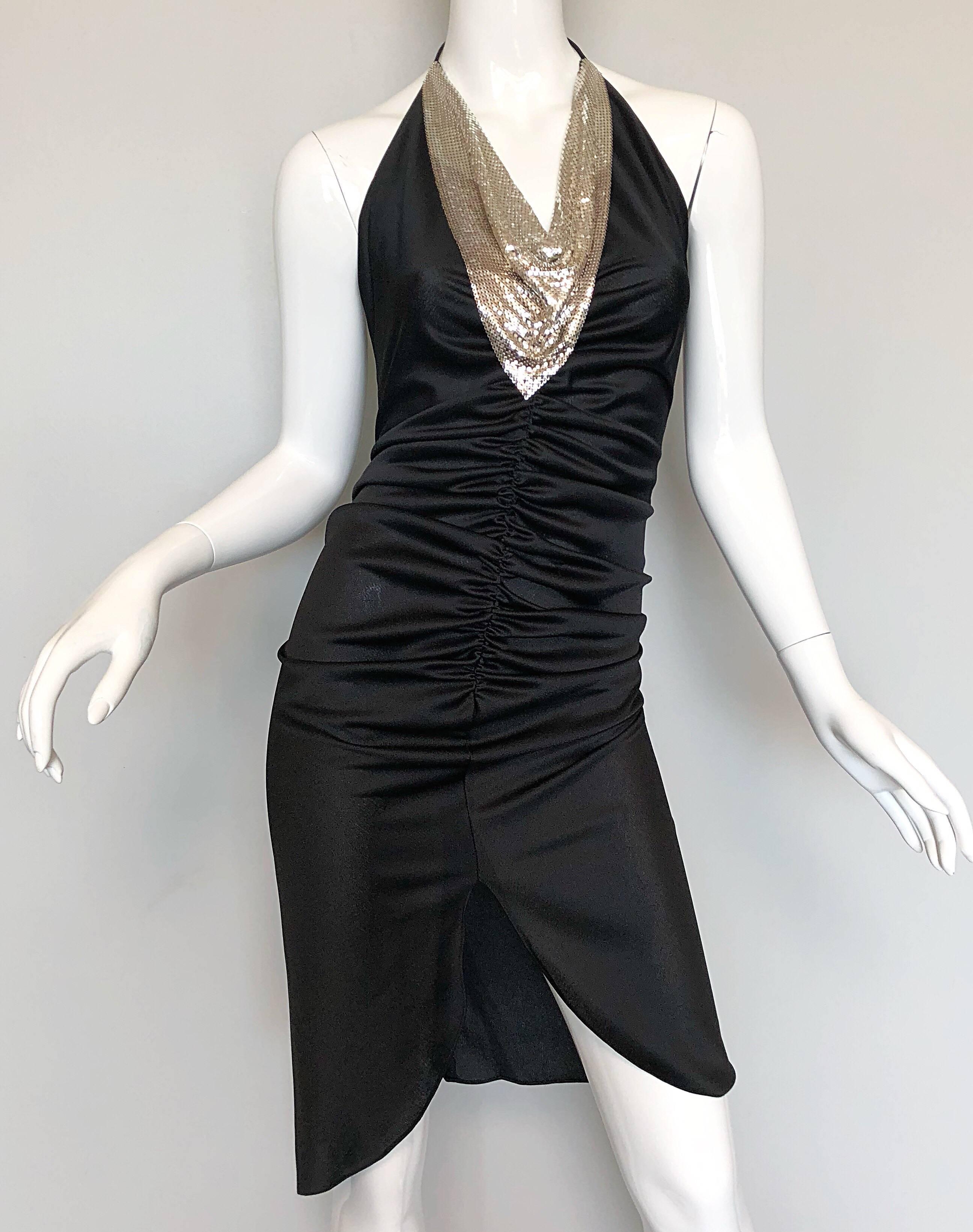 Frederick's of Hollywood 1970s Black Silver Chain Mail Vintage 70s Halter Dress In Excellent Condition In San Diego, CA