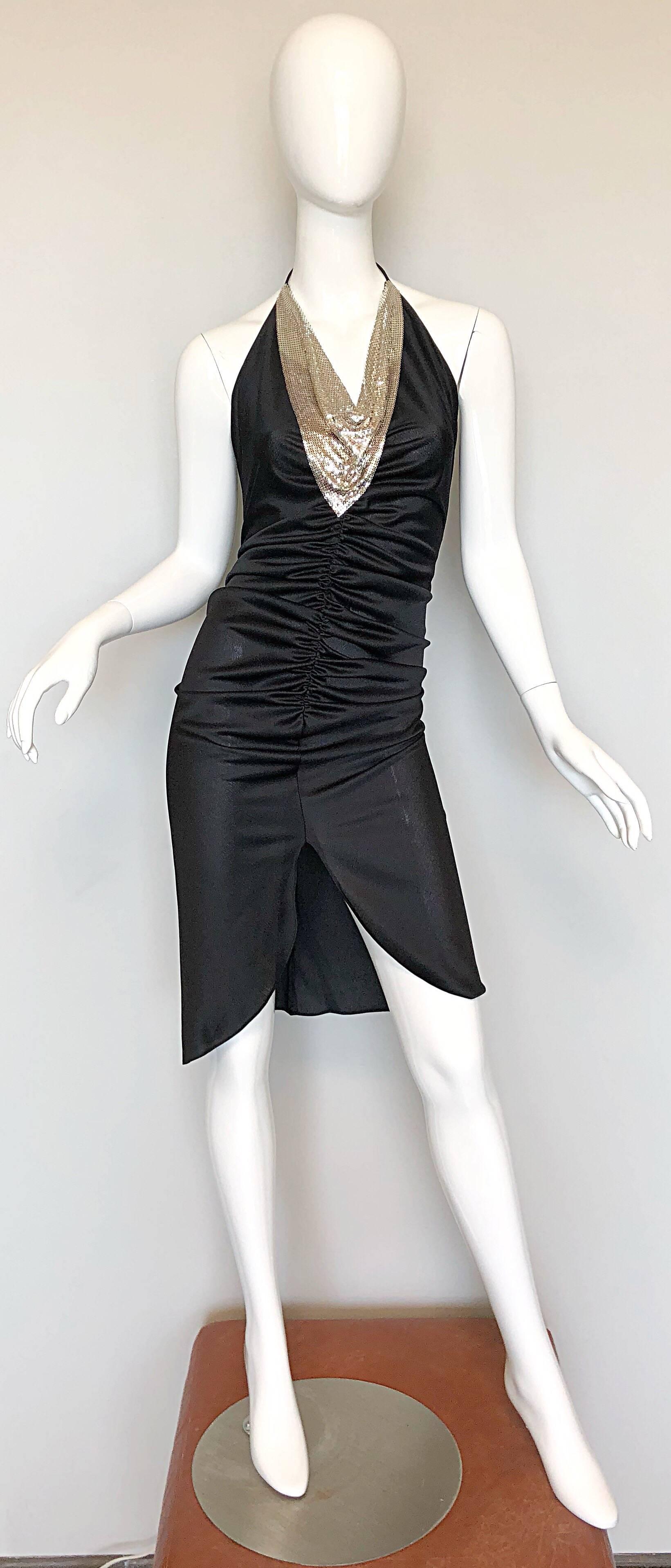 Frederick's of Hollywood 1970s Black Silver Chain Mail Vintage 70s Halter Dress 2