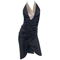 Frederick's of Hollywood 1970s Black Silver Chain Mail Vintage 70s Halter Dress