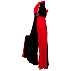 Frederick's Red and Black Harley Quinn Velvet Halter Romper Jumpsuit- XXS:: 1960s