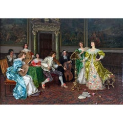 "Música en el salón" Pintura al óleo de realismo antiguo del siglo XIX sobre, Firmado