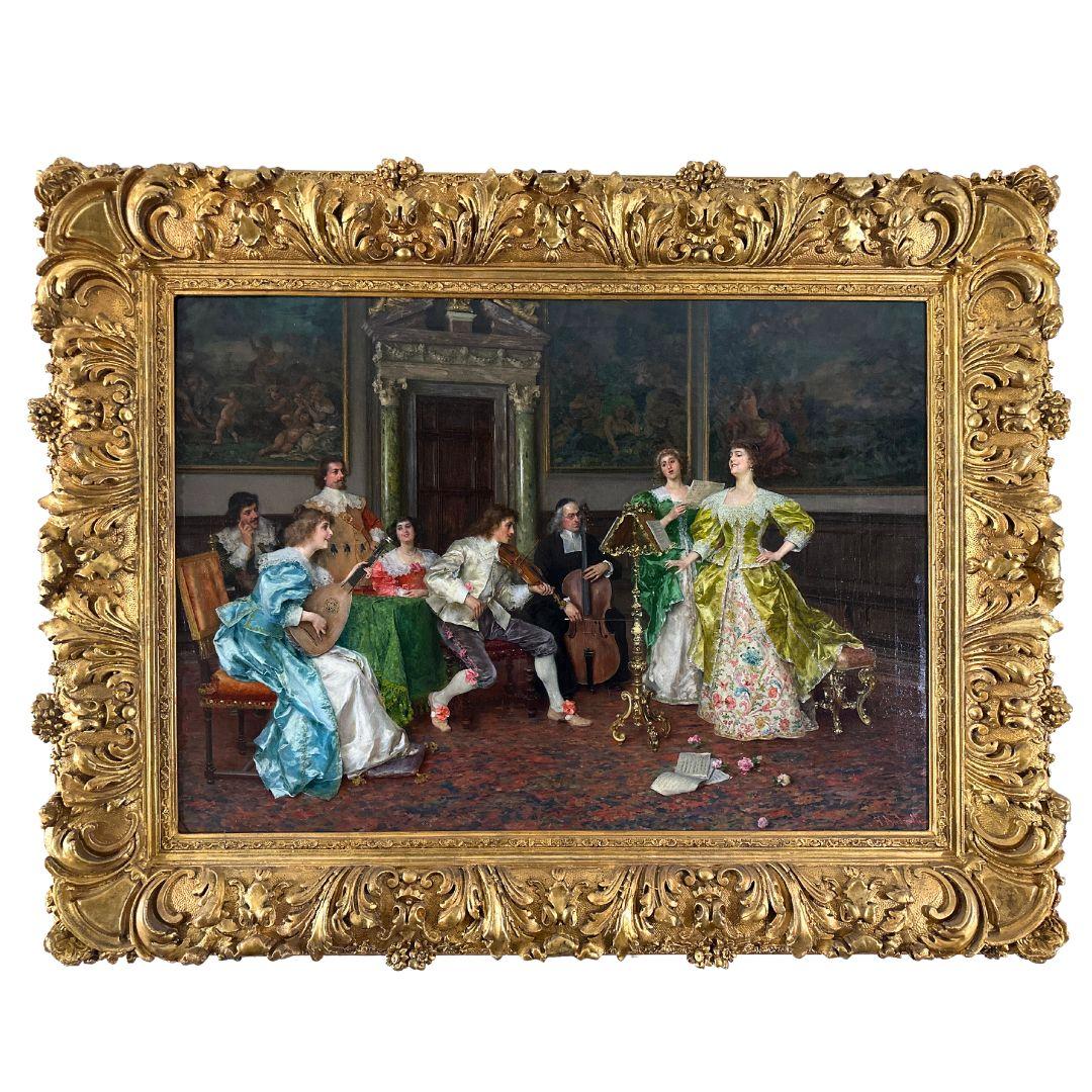 Interior Painting de Frederico Andreotti - "Música en el salón" Pintura al óleo de realismo antiguo del siglo XIX sobre, Firmado