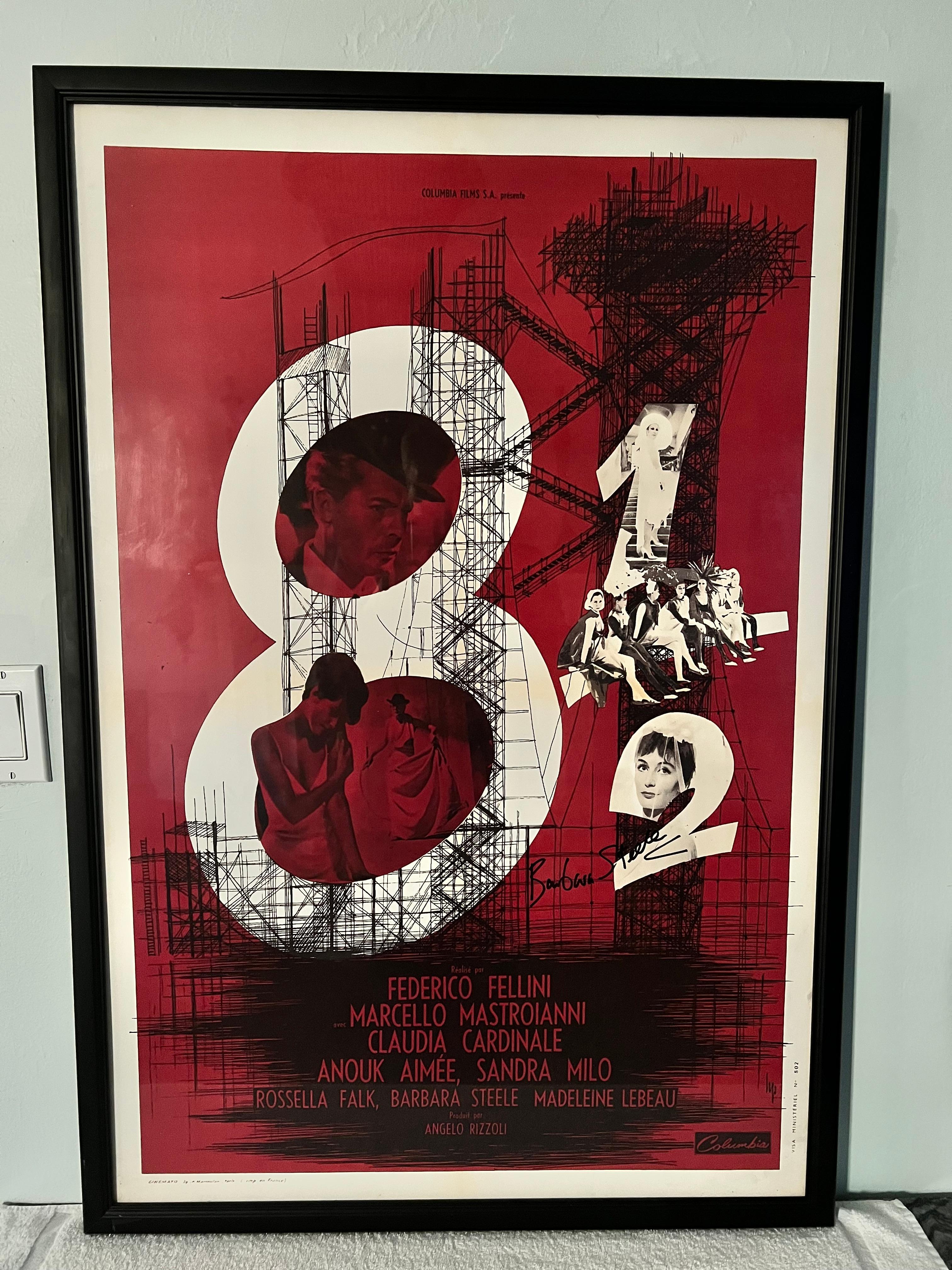 Plexiglass Frederico Fellini's 8 1/2 Movie Poster Signed by Barbara Steele For Sale