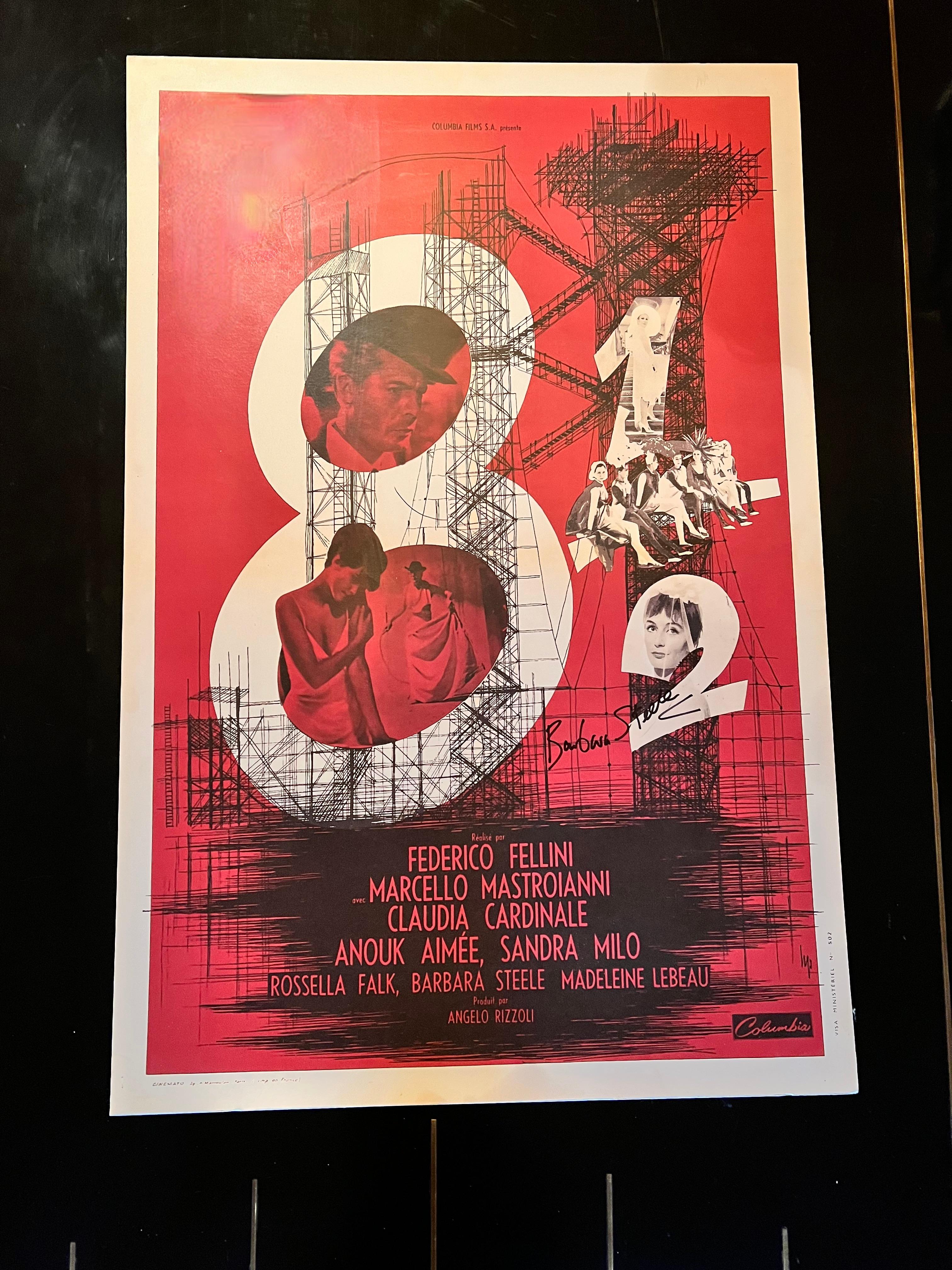 Mid-Century Modern Frederico Fellini's 8 1/2 Movie Poster Signed by Barbara Steele For Sale