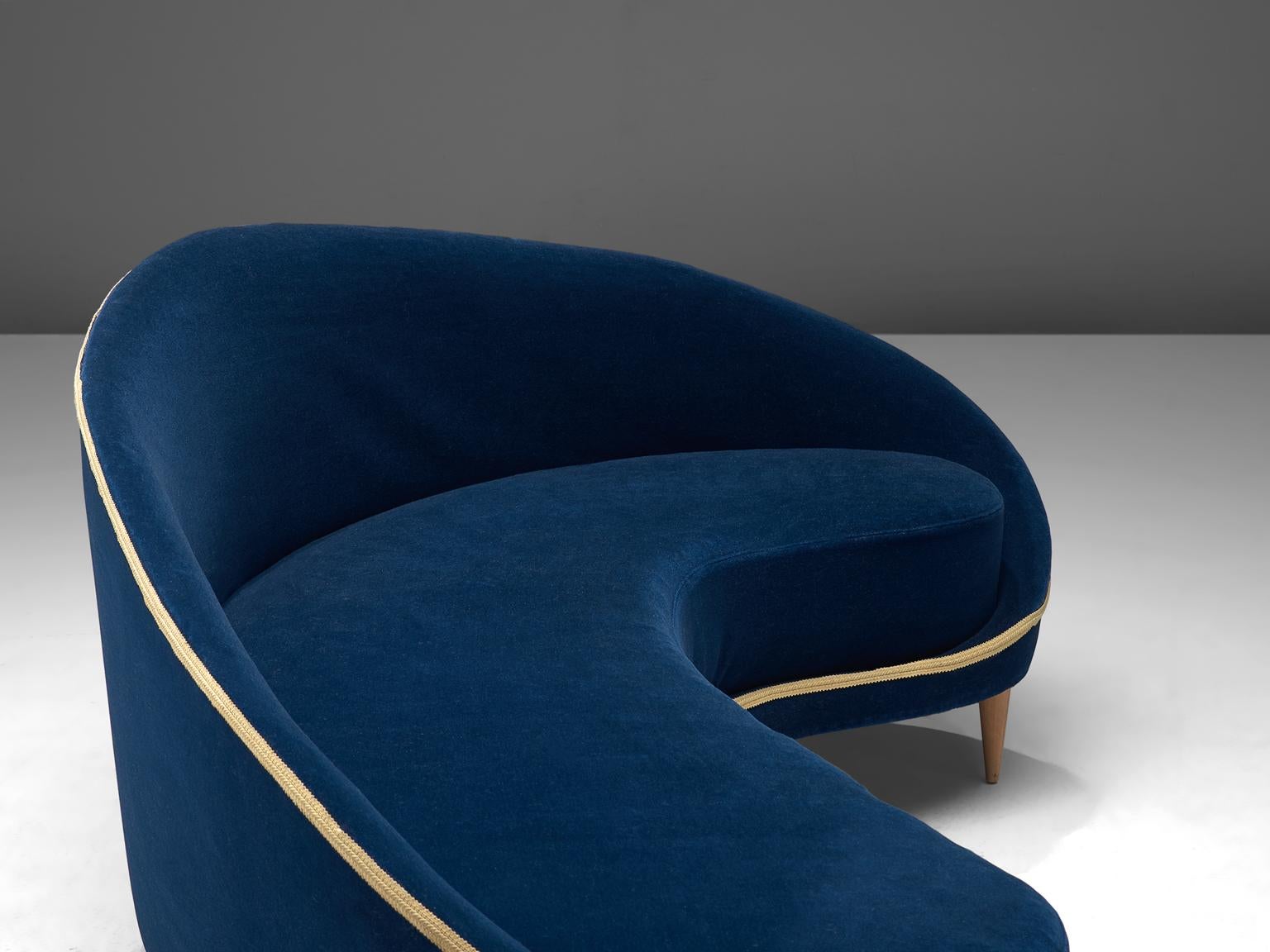 Mid-Century Modern Frederico Munari Grand Curved Sofa in Blue Velvet