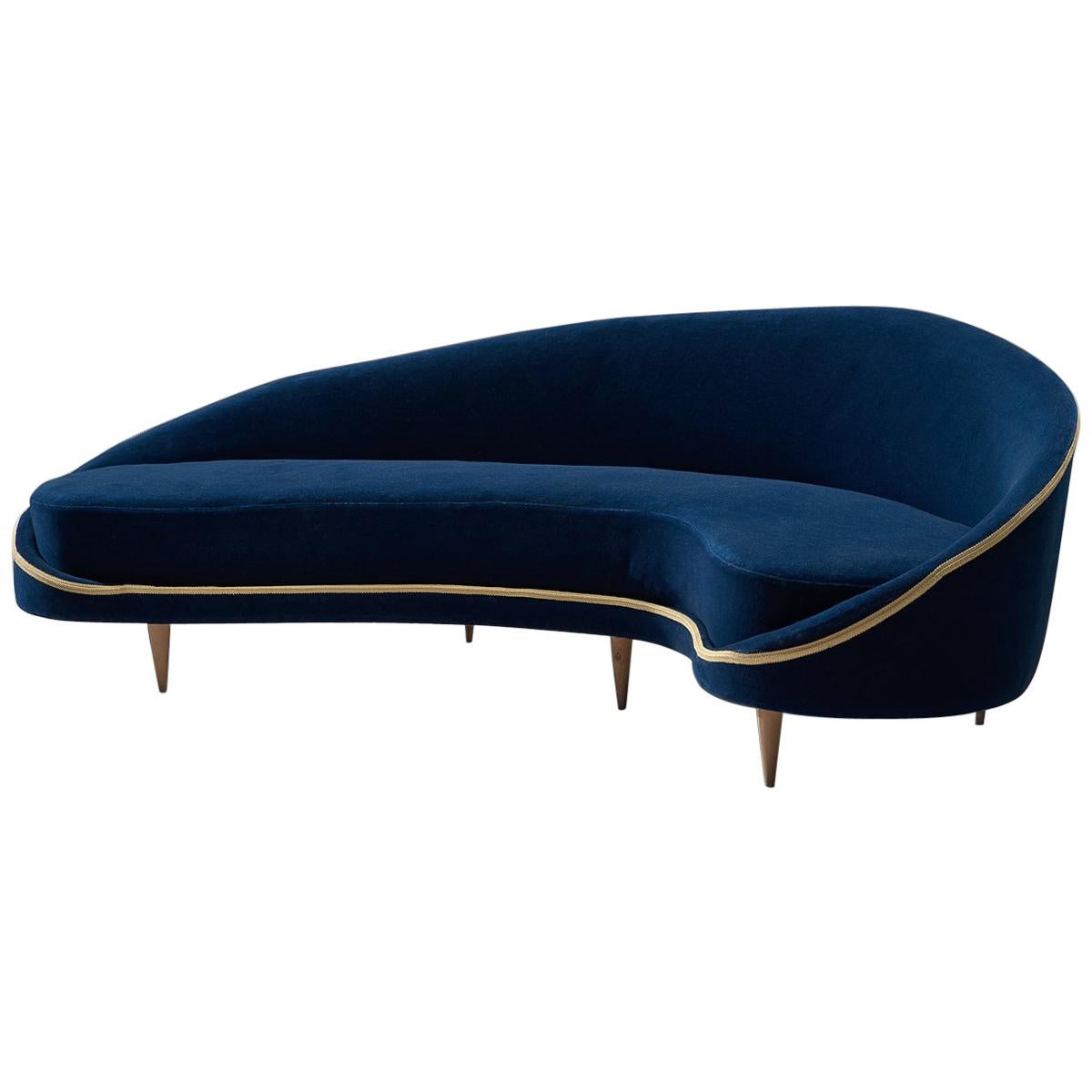 Frederico Munari Grand Curved Sofa in Blue Velvet