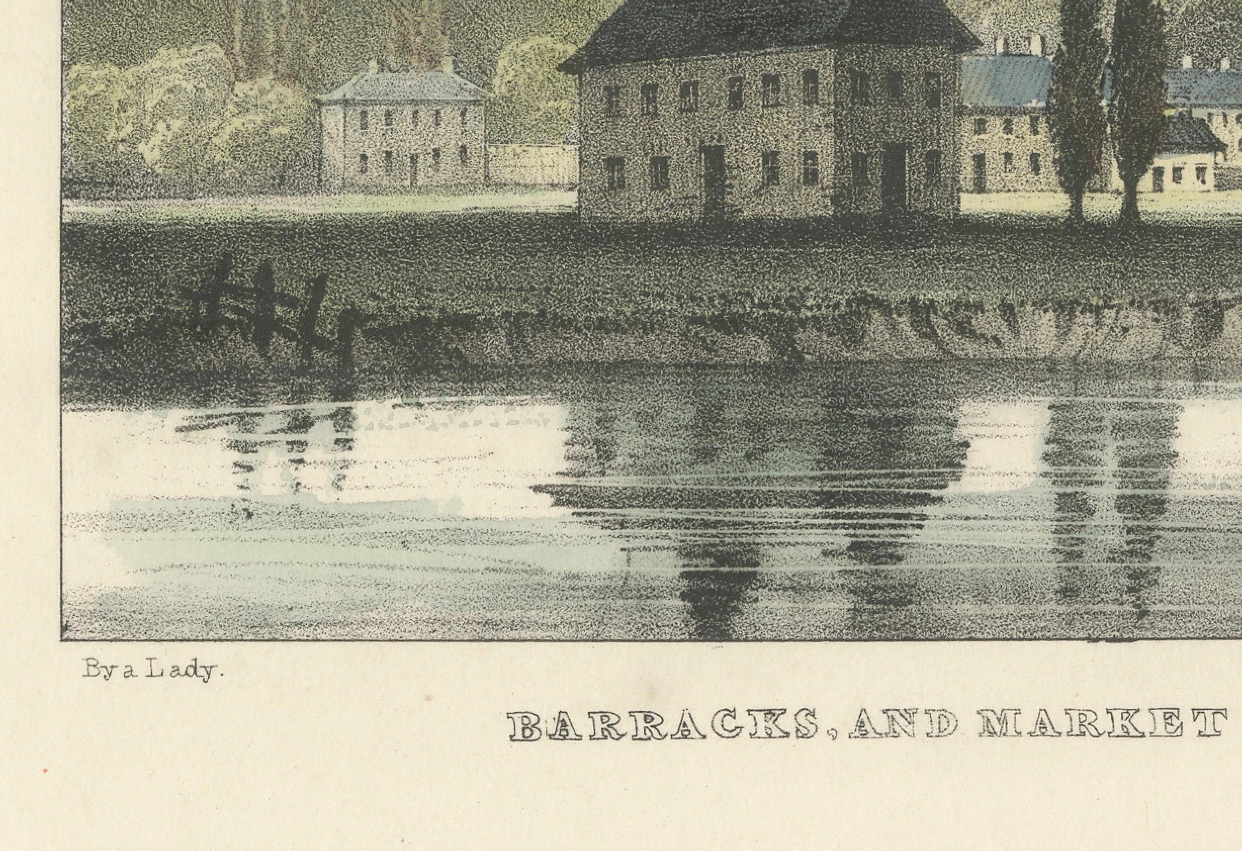Diese Lithografie mit dem Titel *Barracks and Market House, Fredericton, New Brunswick* zeigt eine malerische Ansicht von Fredericton, wie es im frühen 19. Das Bild hebt die wichtigsten architektonischen Merkmale hervor, darunter das markante