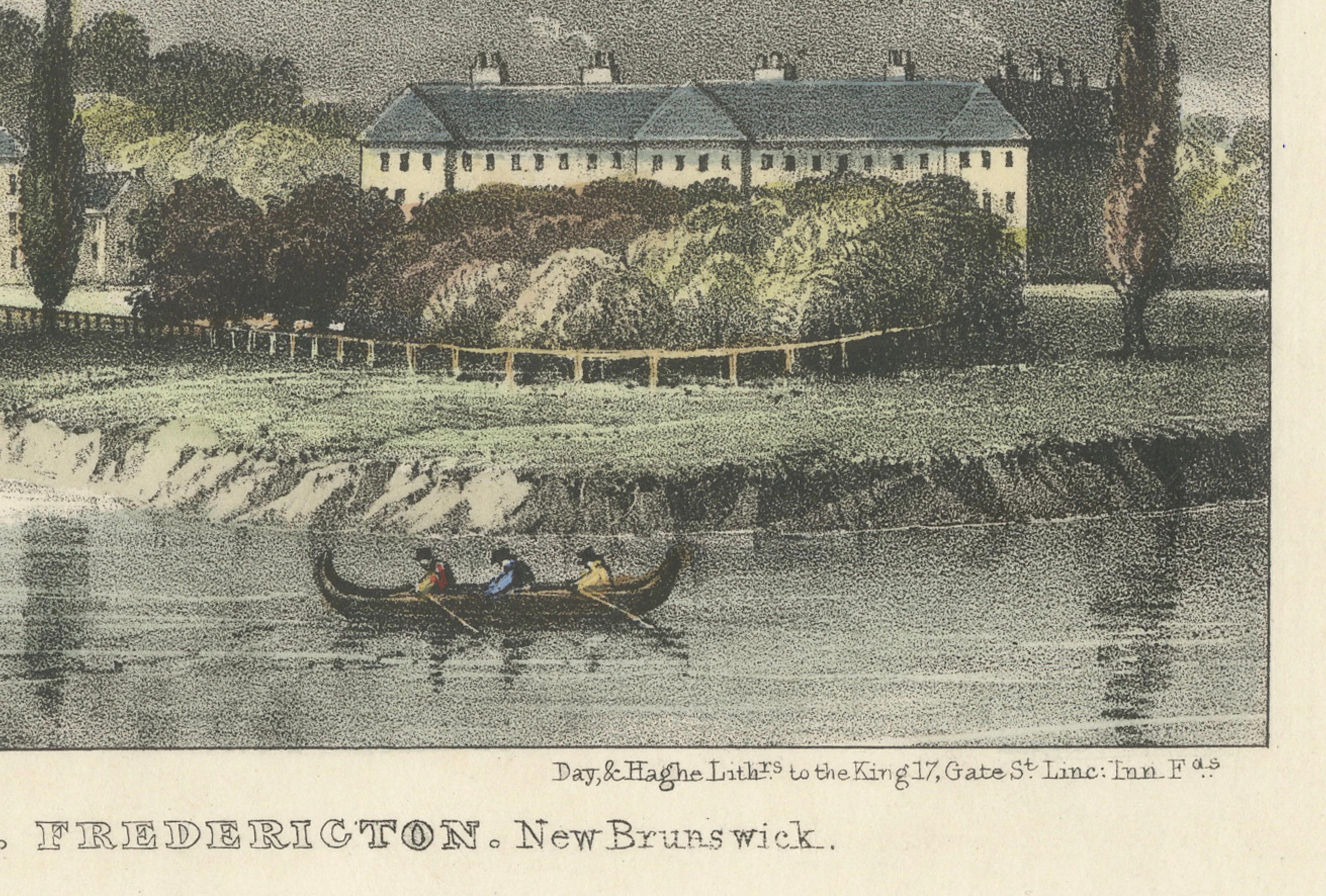 Fredericton's Barracks and Market House: Handkolorierte Lithographie von 1831 im Zustand „Gut“ im Angebot in Langweer, NL